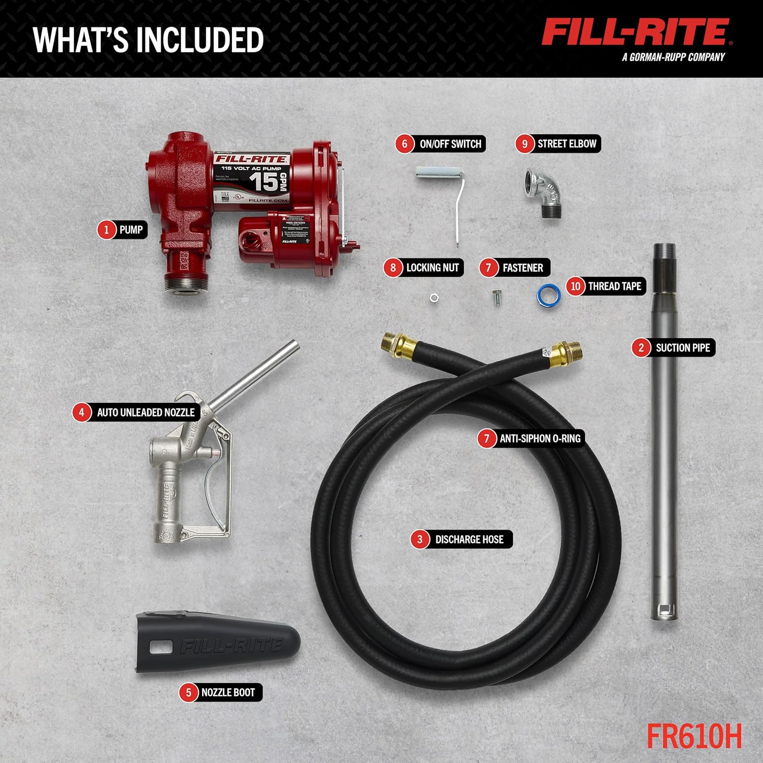 Fill-Rite FR610H 115V 15 GPM Fuel Transfer Pump w/Discharge Hose & Manual Nozzle