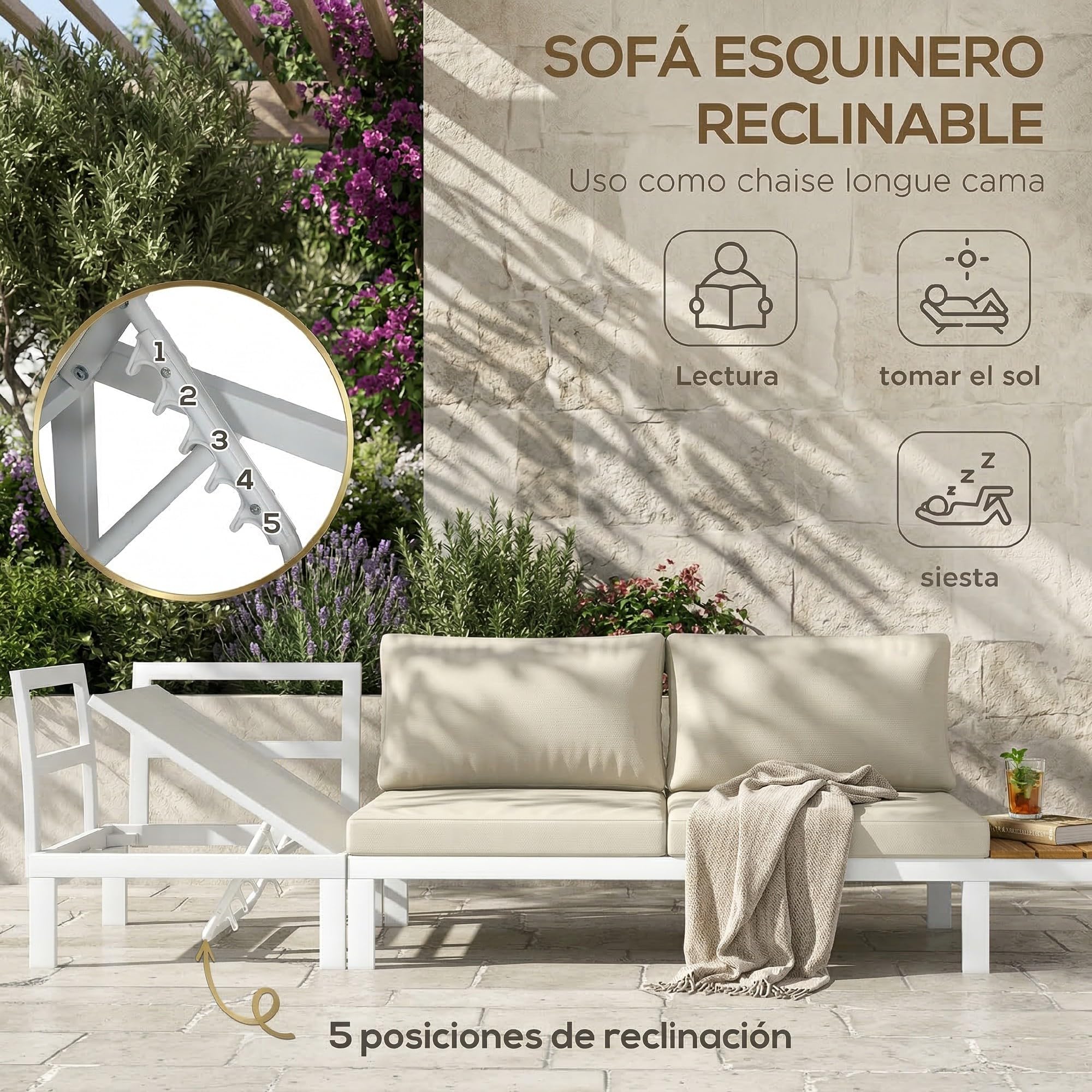 Outsunny Conjunto de Muebles de Jardín Exterior 4 Piezas Juego de Muebles de Terraza Incluye 2 Sofás Dobles 1 Sofá Esquinero Reclinable y Mesa de Centro Mesita Lateral con Cojines para Patio Crema