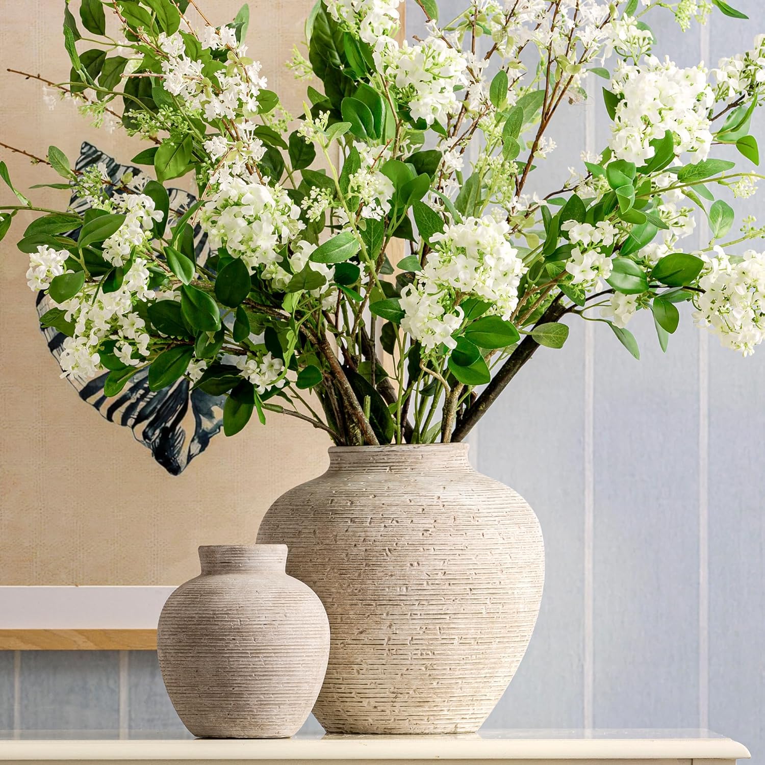 Vanselia Ceramic Flower Vase Home Decor - Large Tall Farmhouse Table Vases Rustic Vintage Living Room Kitchen Bedroom Decorations for House Book Shelf Office Coffee Desk Dining Fireplace (10" Retro)