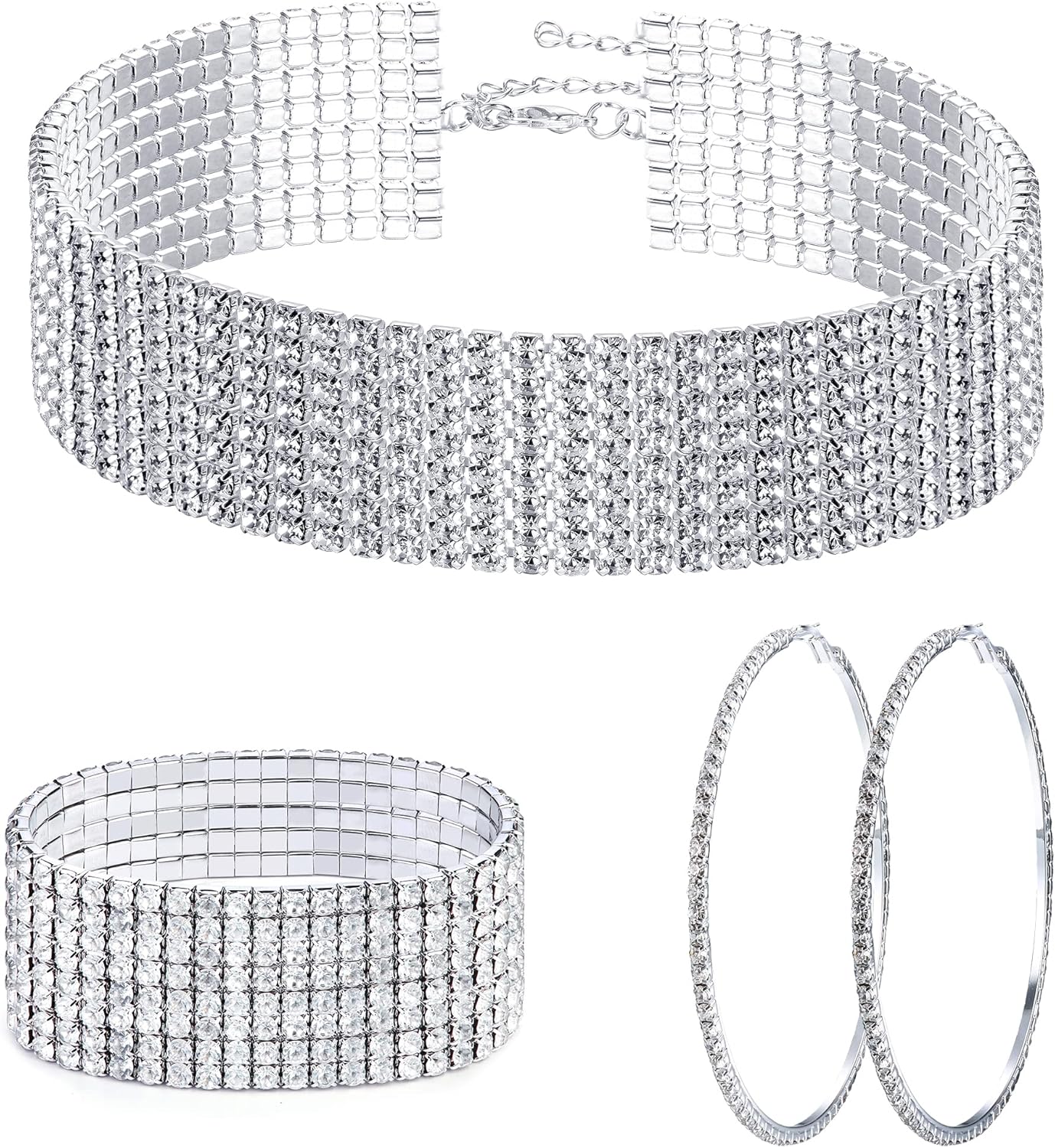 Drperfect Rhinestone Choker Necklace Bracelet Hoop Earrings for Women Bling Rhinestone Jewelry Set for Wedding Bridal Party