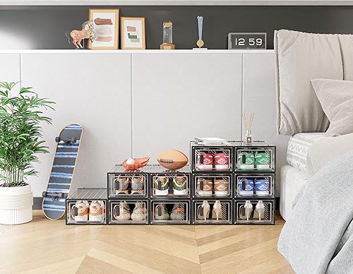 Miniatura 8 de Almacenamiento de zapatos, paquete de 12 organizadores de zapatos para armario, cajas de zapatos apilables de plástico transparente con tapas
