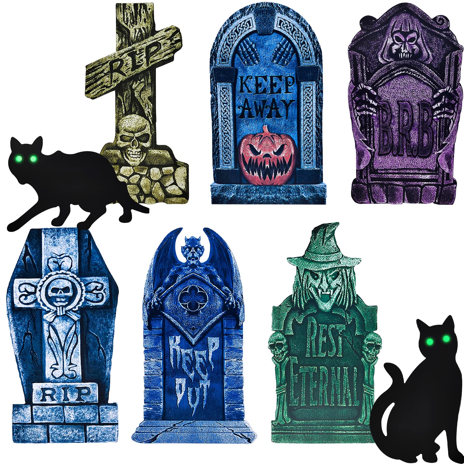 HWTONG Juego de 8 Piezas lapida Halloween,2 Gato Negro de Halloween con Ojos Brillantes,lapidas Halloween 38 cm,para Halloween, Jardín,Patio,Fiestas