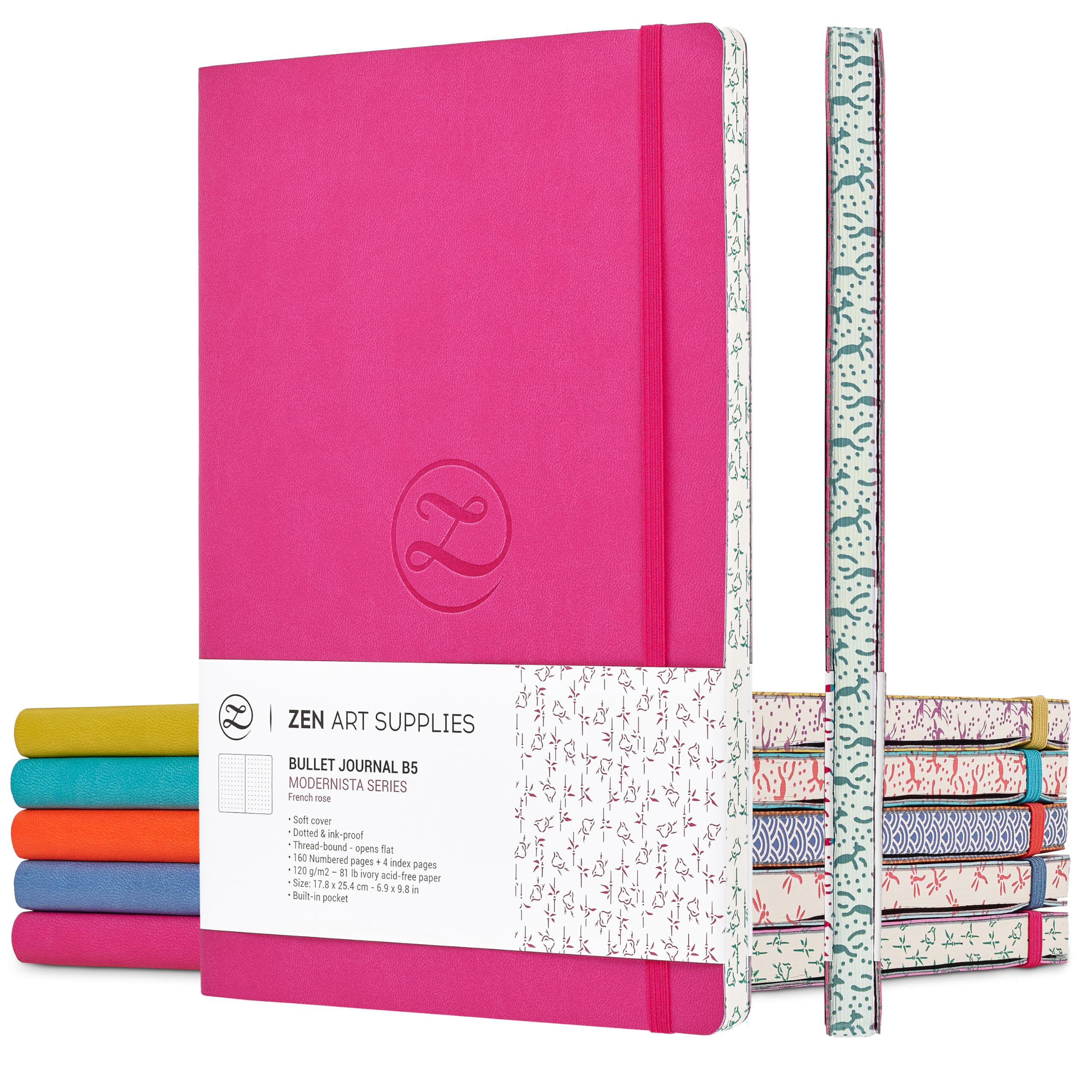 ZenART Quaderno Puntinato In Ecopelle per Appunti, 17,8 x 25,4 cm (B5), 120 GSM, Colori Vivaci, Bordo con Motivo Giapponese - Apertura a 180° con Griglia Punteggiata Per Personalizzare La Tua Agenda