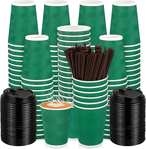 TURSTIN 150 tazas de café desechables con tapas y pajitas, tazas de 12 onzas aisladas, tazas de café de papel de triple capa para bebidas, té