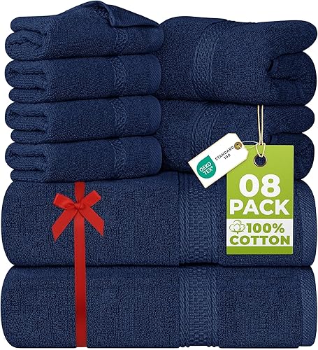 Utopia Towels - Juego de toallas de 8 piezas, 2 toallas de baño, 2 toallas de mano y 4 para la cara, 100% algodón hilado en anillo, 600 GSM, Azul