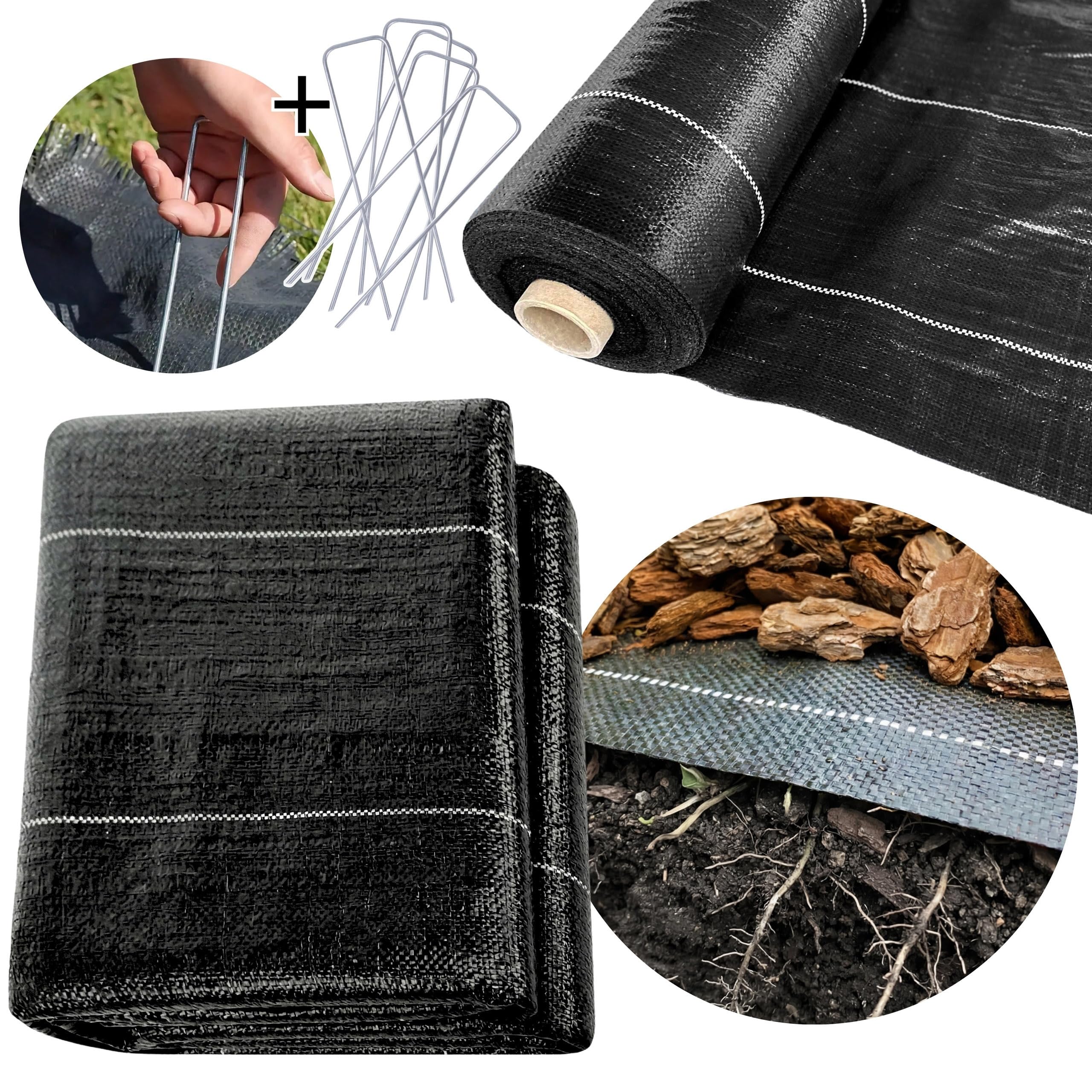 sarcia.eu Telo Anti Erbacce Nero 90 g/m² – Tessuto Molto Resistente per pacciamatura, permeabile all’Acqua, picchetti in Acciaio, Alta Resistenza UV, qualità UE, per Giardino (1,6m x 30m = 48m²)