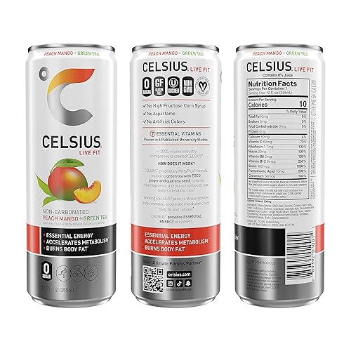 Vista 122 de CELSIUS - Bebida energizante con gas y endulzada con Stevia, cero azúcar, lata delgada, sabor a naranja y granada, 144 onzas líquidas
