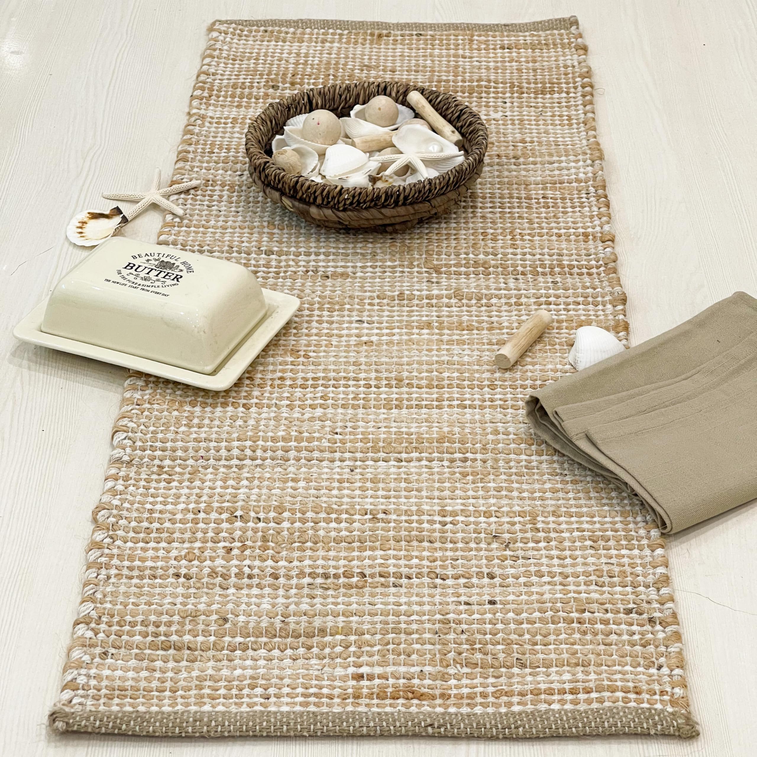 Chardin Home Natural Jute-Ivory Natural Jute Table Runner 13X48 Inch – Vintage Boho Rustic Table Decor – Handwoven Table Runner In Natural Jute And Ivory – Farmhouse Dining Or Console Table Accent
