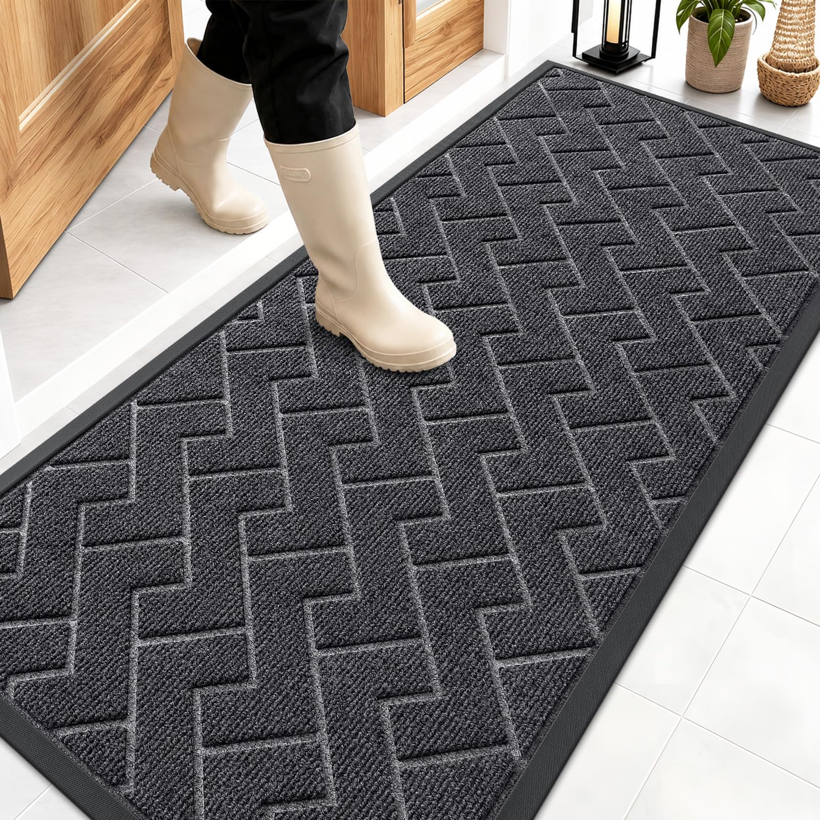 OLANLY Front Door Mat Outside 59x23, All-Season Absorbent Rubber Doormat | Grey, Heavy-Duty, Stain and Fade Resistant, Waterproof Non-Slip Backing, Low-Profile Indoor Outdoor Floor Mat for Entryway