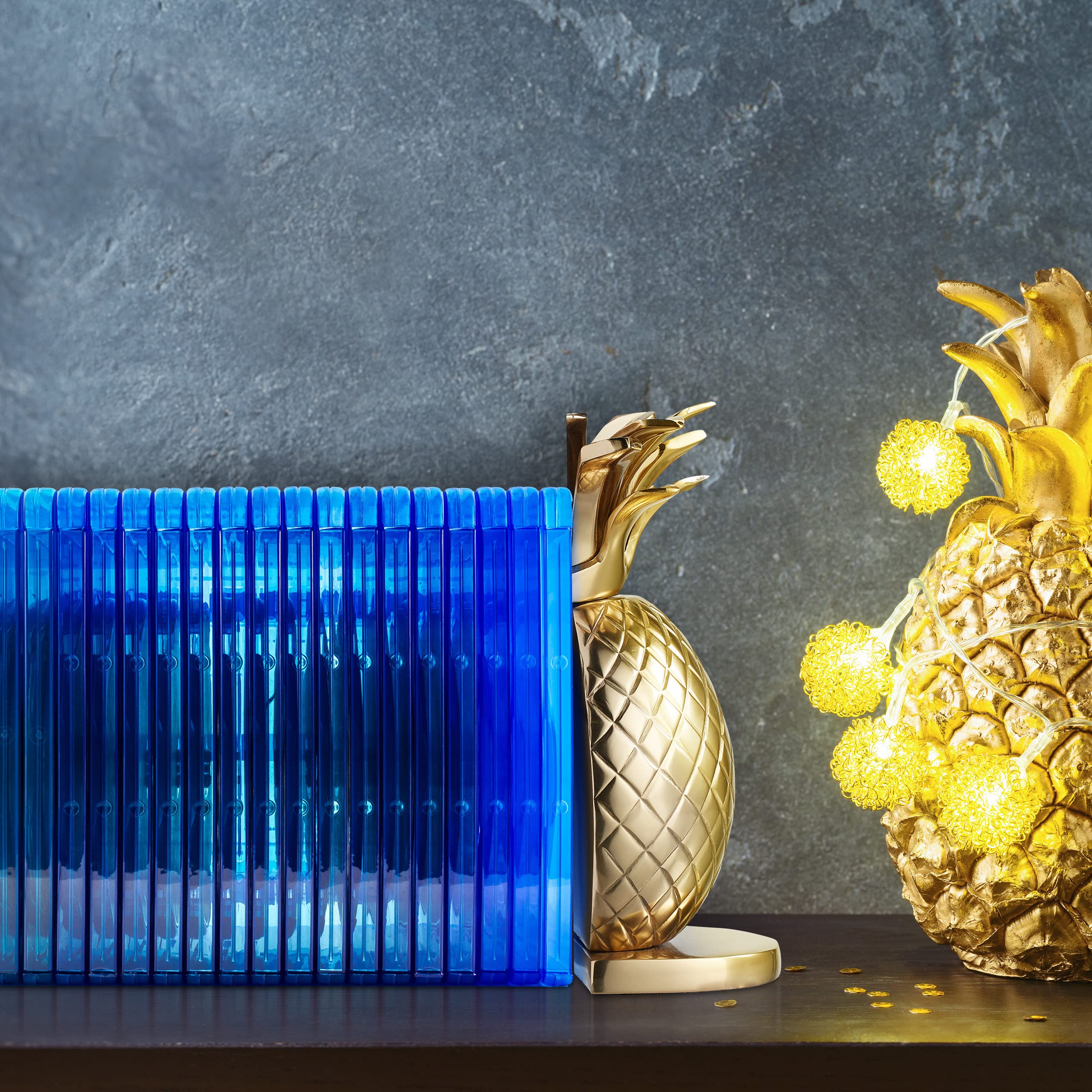 Relaxdays Buchstütze Ananas, 2er Set, aus Metall, HxBxT: 21 x 8 x 13 cm, stilvolle Bücherhalterung für Regale, Gold