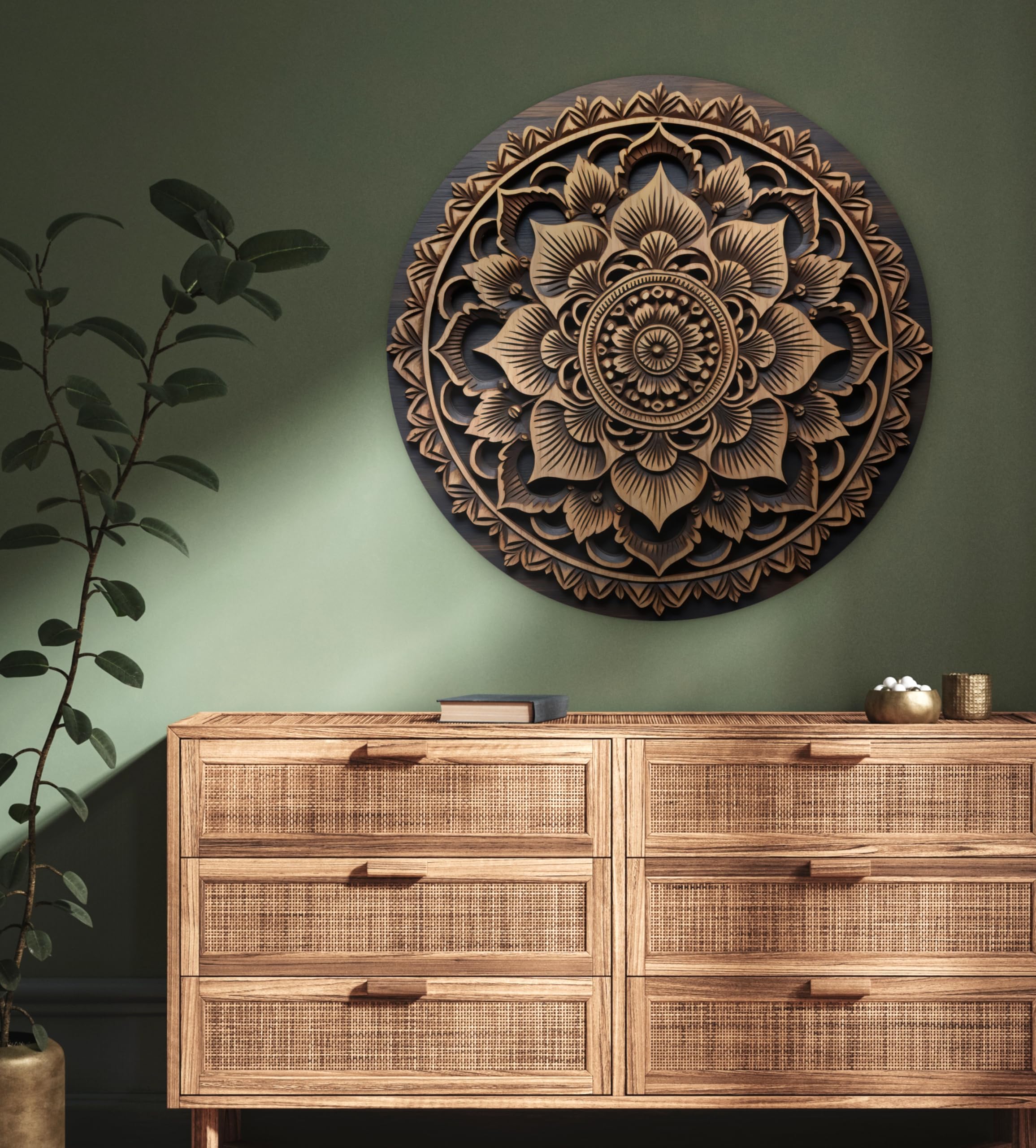MuchoWow© Quadro Rotondo Ø90 cm Salotto Ufficio Cuadro Moderne Finestre Design Murale Bedroom Stanza Fiori Natura Soggiorni Grande Pareti Mandala - Legno - Marrone