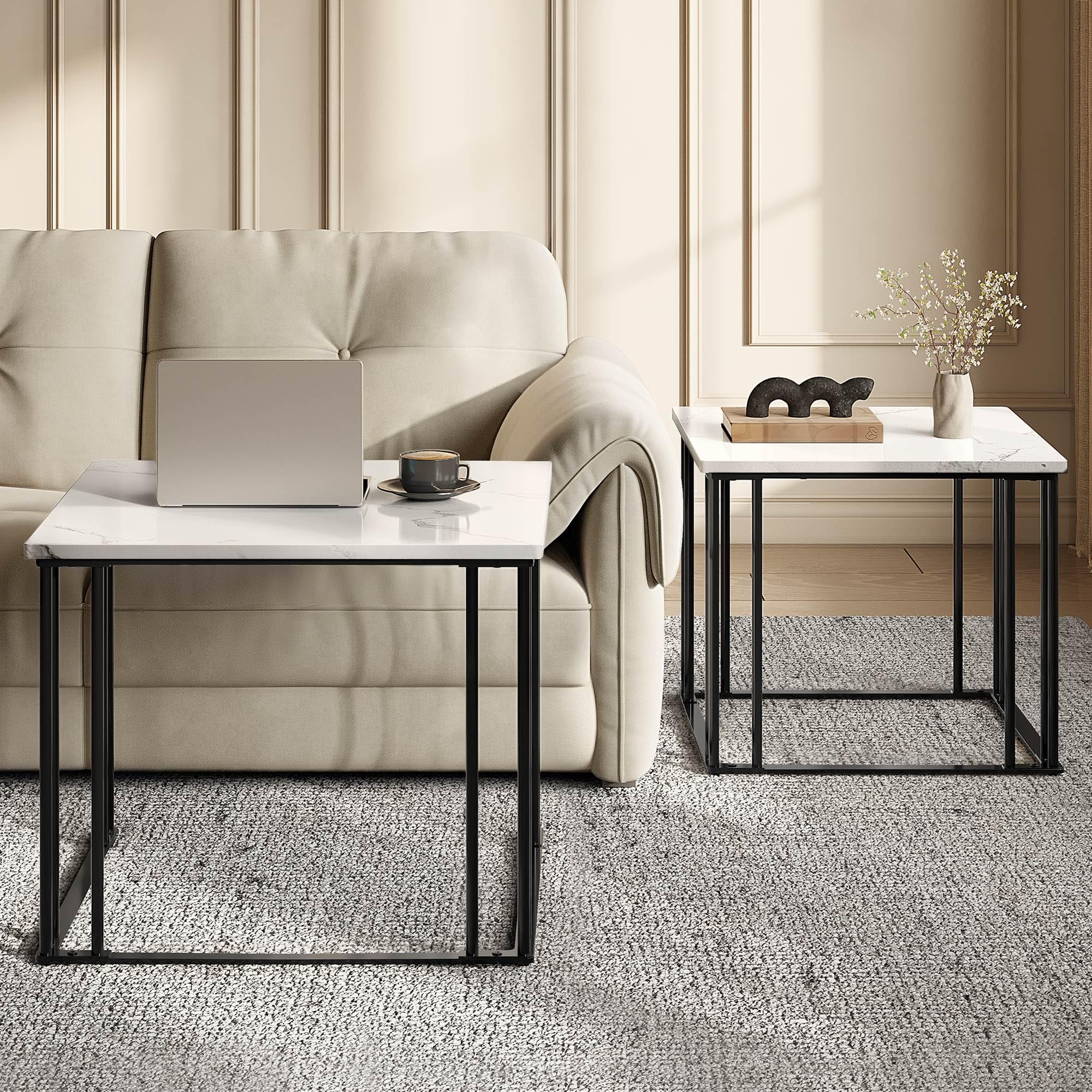 YITAHOME Set di 2 tavolini da salotto in legno, moderni tavolini da cocktail con struttura in metallo, per soggiorno, sala da pranzo, cucina, bianco