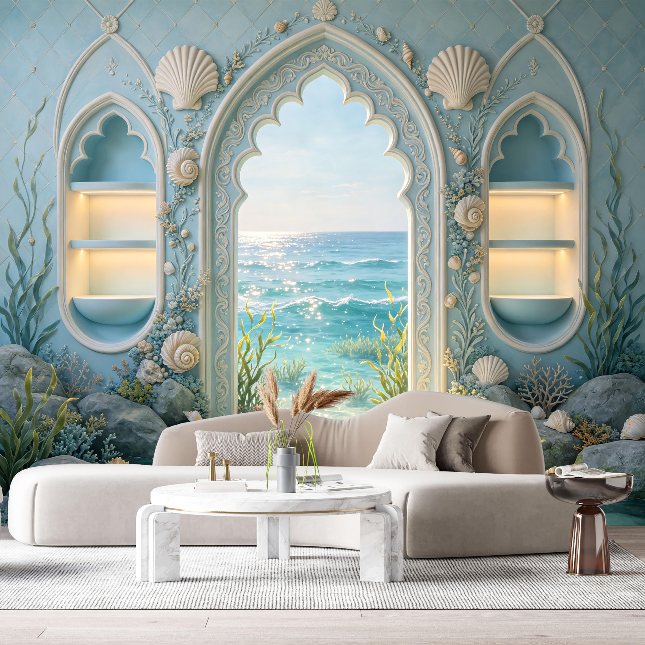 Custom Size Wall Murals Ocean/Marine Coastal Fantasy Architecture 3D Trompe L'Oeil SelfAdhesiveWall Fabric Removable Wallpaper Wall Decor for Living Room Bedroom Bathroom