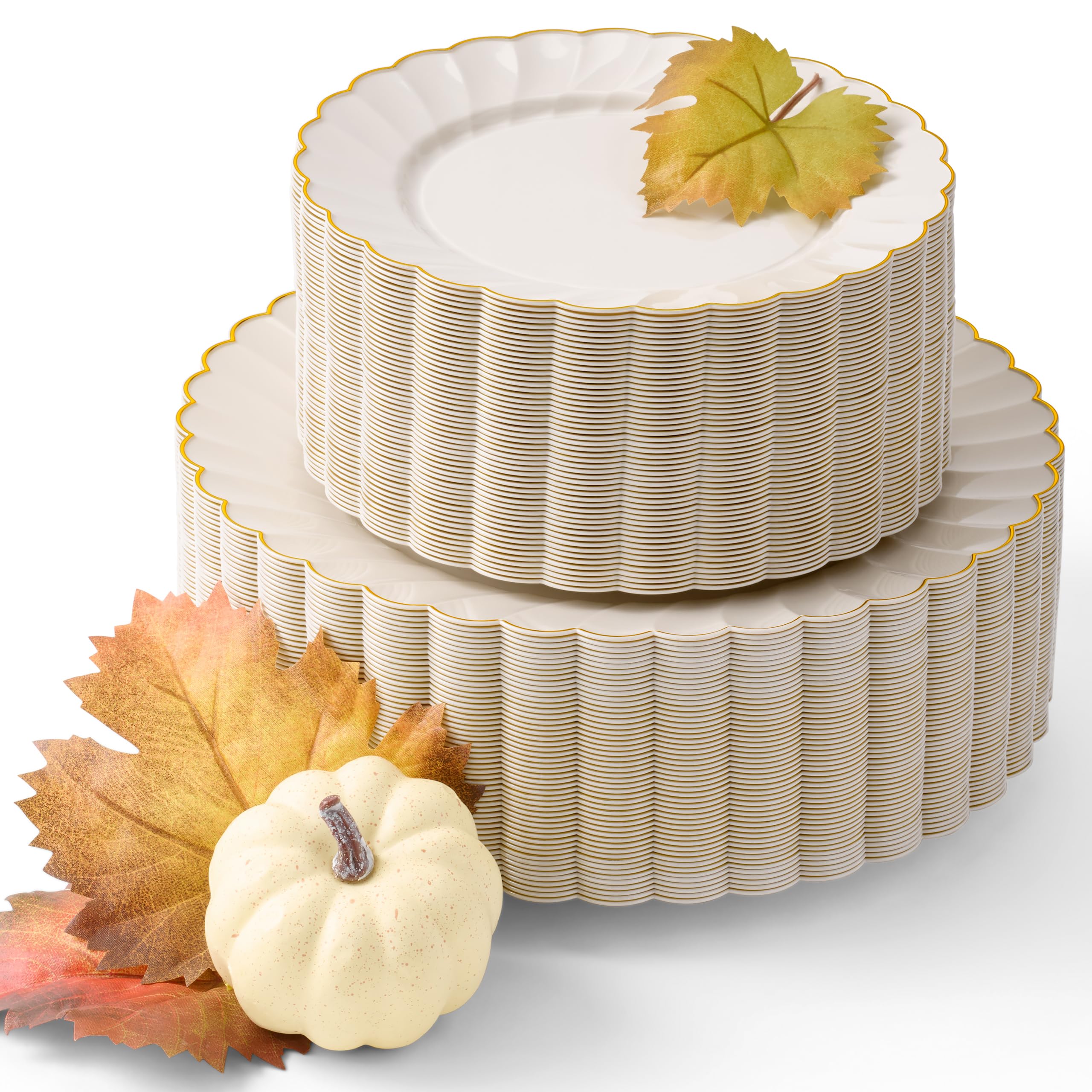 By Madee HEAVYWEIGHT 100 Pc Thanksgiving Plastic Plates for Party – Ivory Scalloped Plates with Gold Trim Disposable Plates for Fall Parties, Weddings & Friendsgiving (50 Guests)