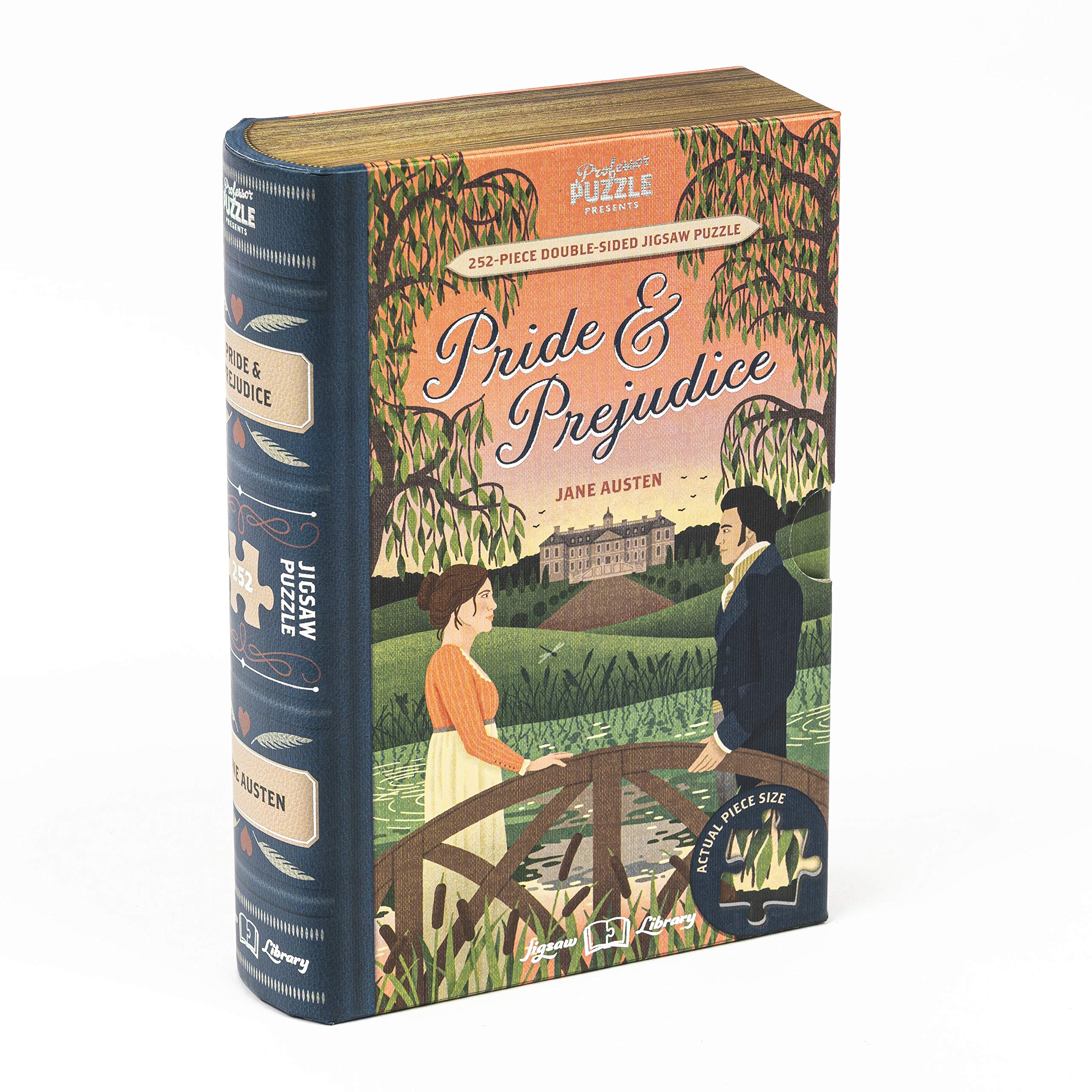 Professor Puzzle: Jigsaw Library - Pride & Prejudice - 252 Piece Double-Sided Puzzle, Illustrated Book Scene, 19.4x14.5, Collectible Book Shaped Box