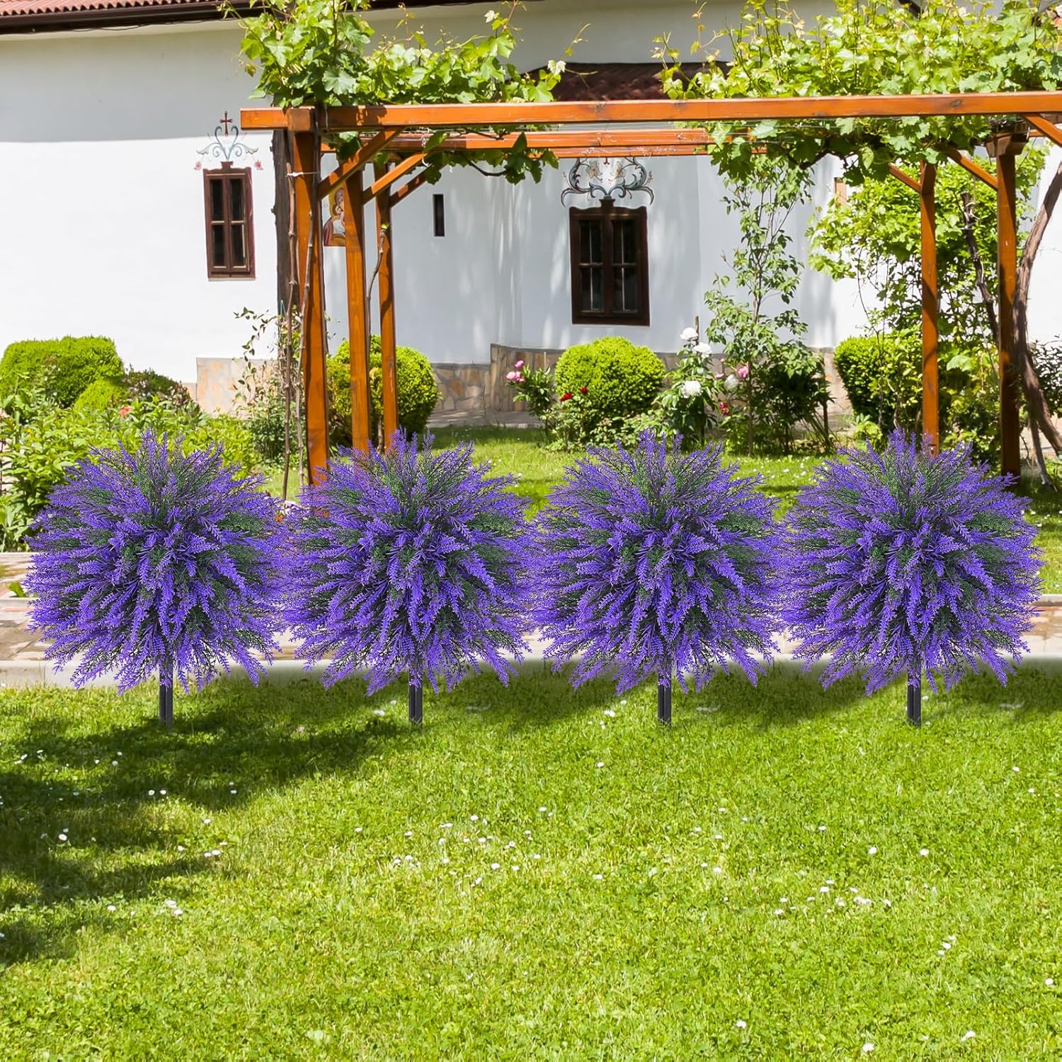 Dolicer 2 Sets Artificial Topiary Ball Trees for Outdoor, 22Inches Lavender Fake Bushes Plants with Ground Spike, Large UV Resistant Artificial Shrubs for Garden Front Yard Porch Patio Home Decor - Image 9