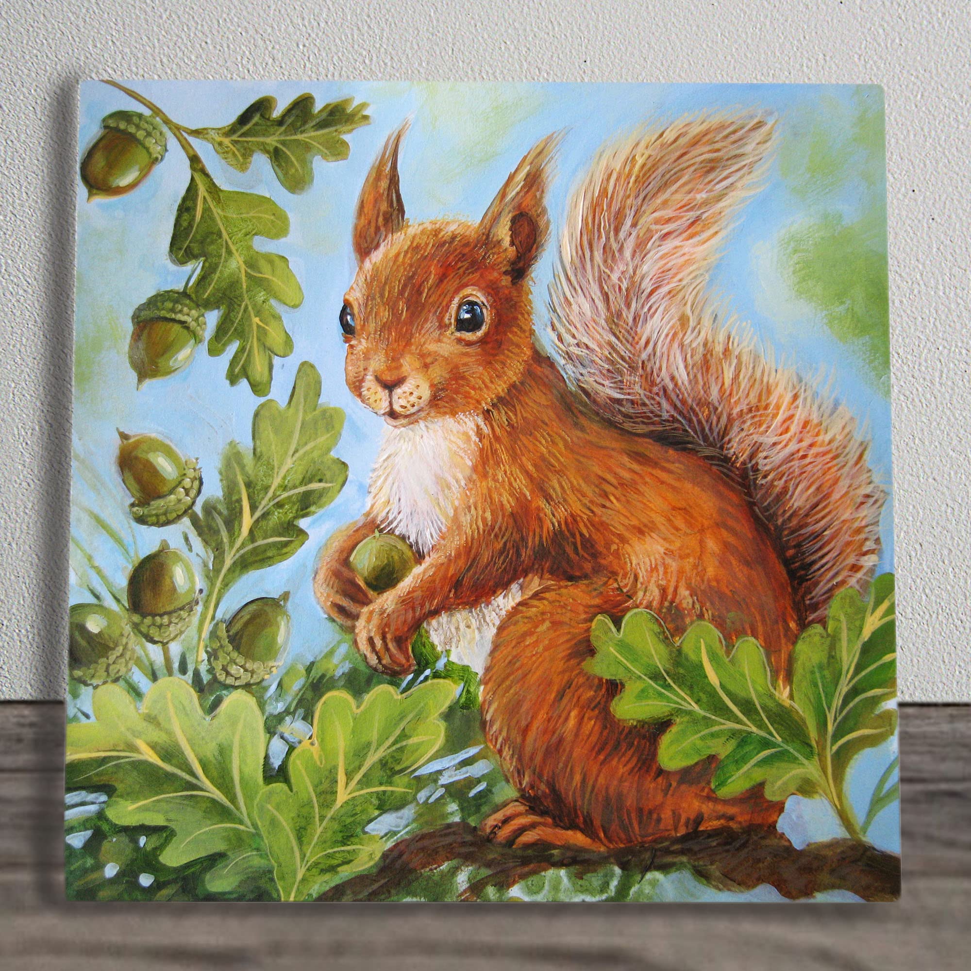 Blue, Green, Brown. Acorn Squirrel Ceramic Picture Tile Artwork By Judith Yates Hanging Wall Art Home Décor