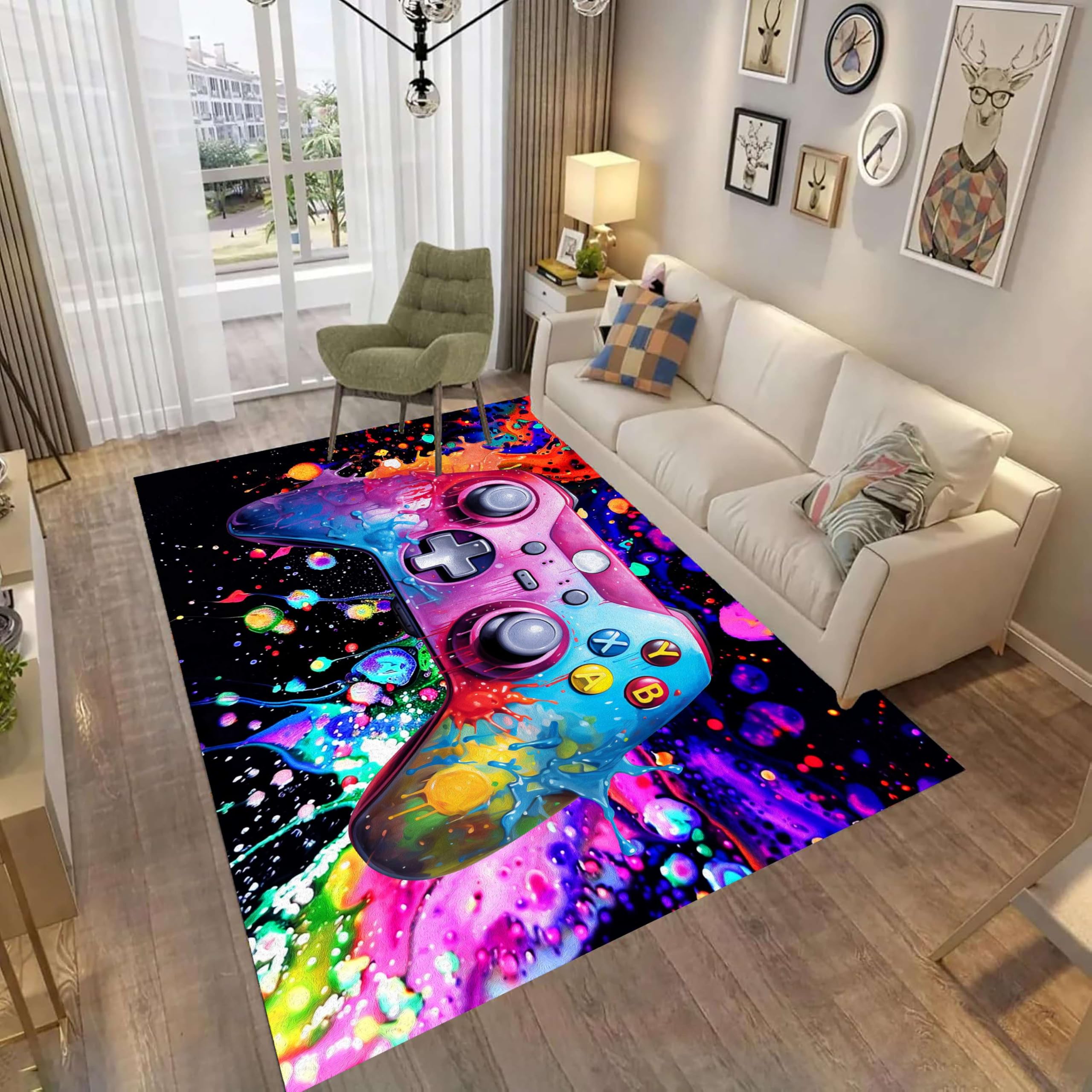 Gamer Gaming Teppich, 100x150cm, Pink-Blauer Gaming Teppich, Abstrakter Doodle-Gamepad-Teppiche, Bodenmatte Großer Fußmatte für Spielzimmer, Kinderzimmer, Wohnzimmer, Schlafzimmer