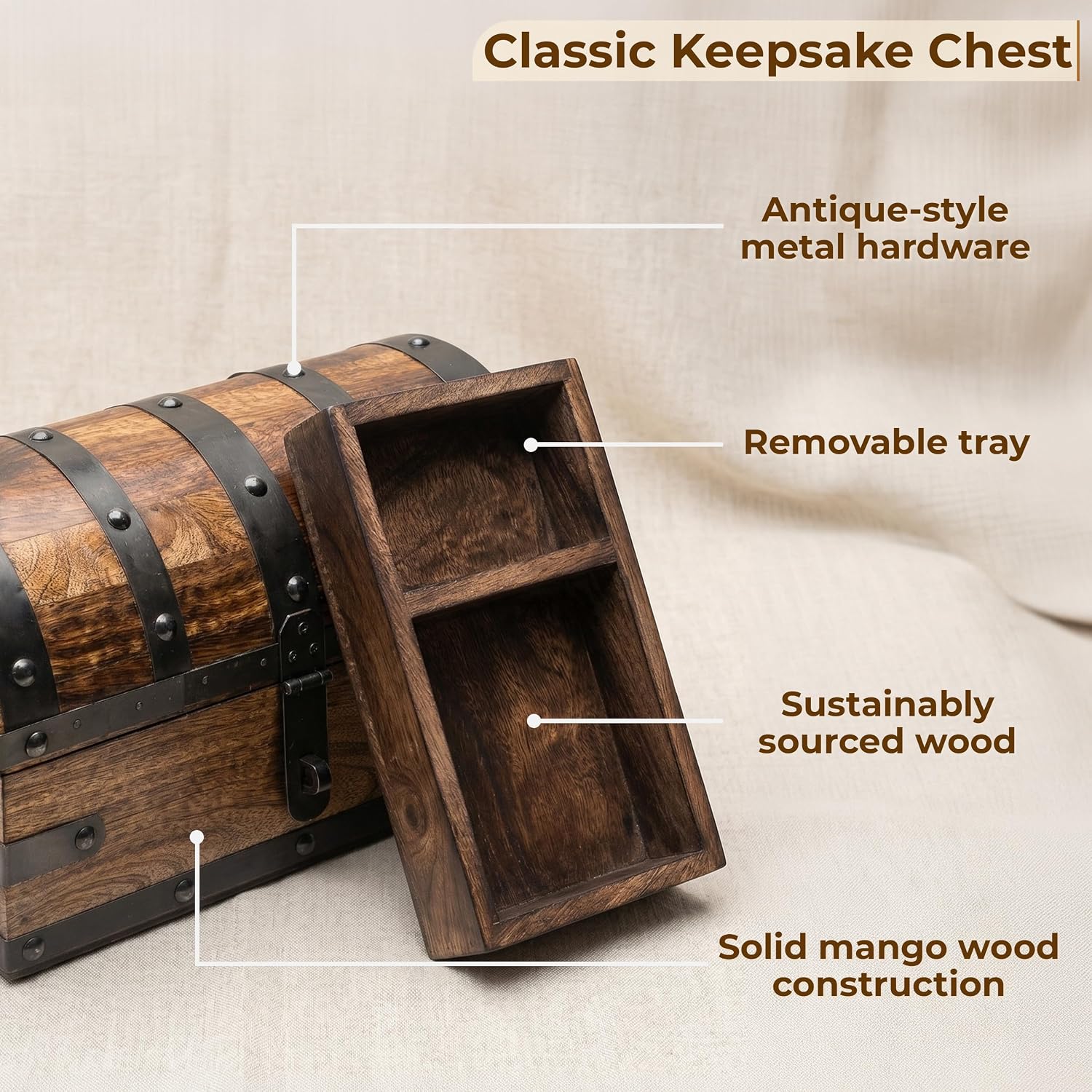 Happenings Solid Wood Treasure Chest Box, Removable Tray, Small 10x6x6 in