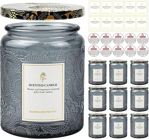 Miniatura 7 de Paquete de 9 tarros de velas en relieve de 8.8 onzas para hacer velas, recipientes de vidrio vacíos con tapas de lata y etiqueta adhesiva, etiqueta