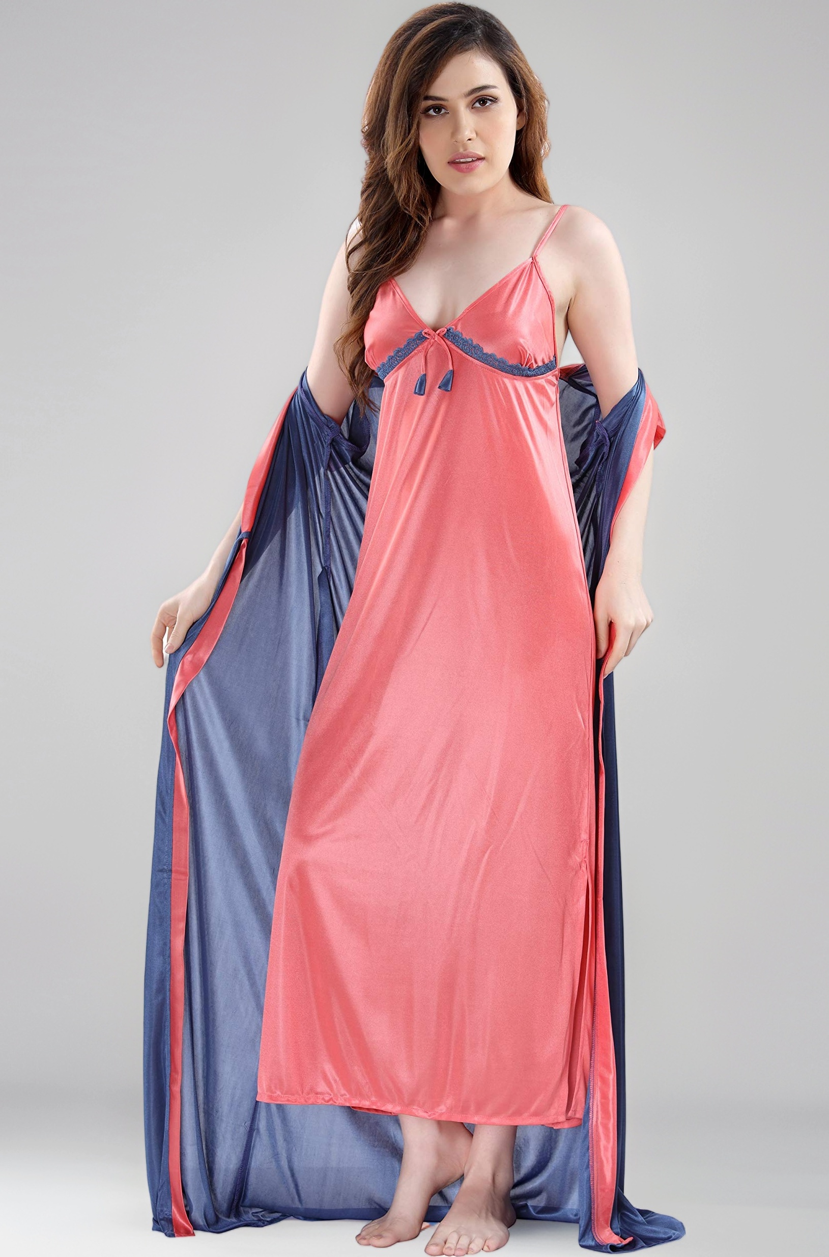 Women's Satin Solid Knee Length Nighty with Robe