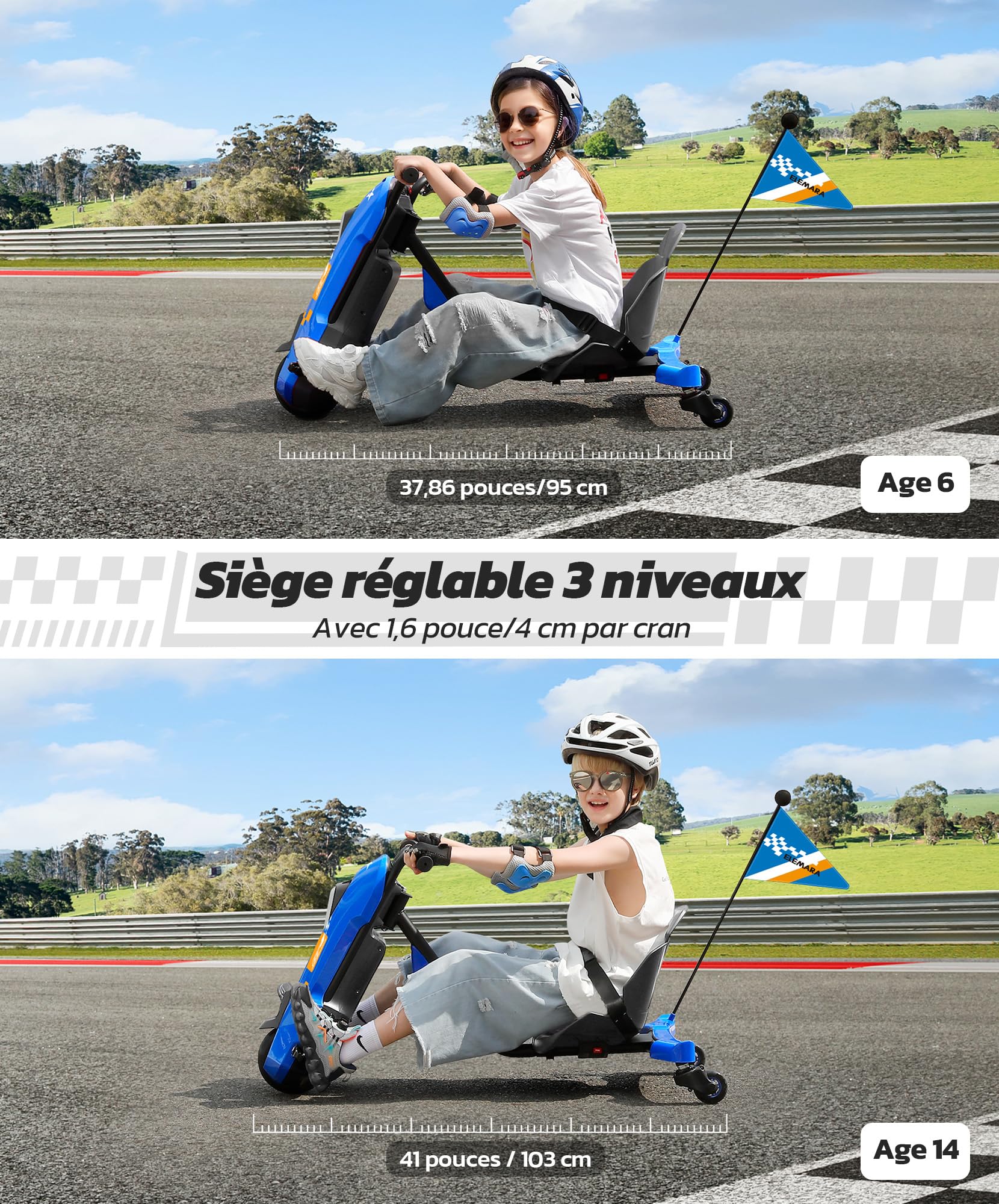 ELEMARA Kart Electrique avec Vitesse sans Pas, 12V Drift Kart électrique pour Enfants avec Siège Réglable, Go Karts avec Musique, Bluetooth, Lumière, Pennant, pour Enfant âgé de 6 à 14 Ans, Bleu