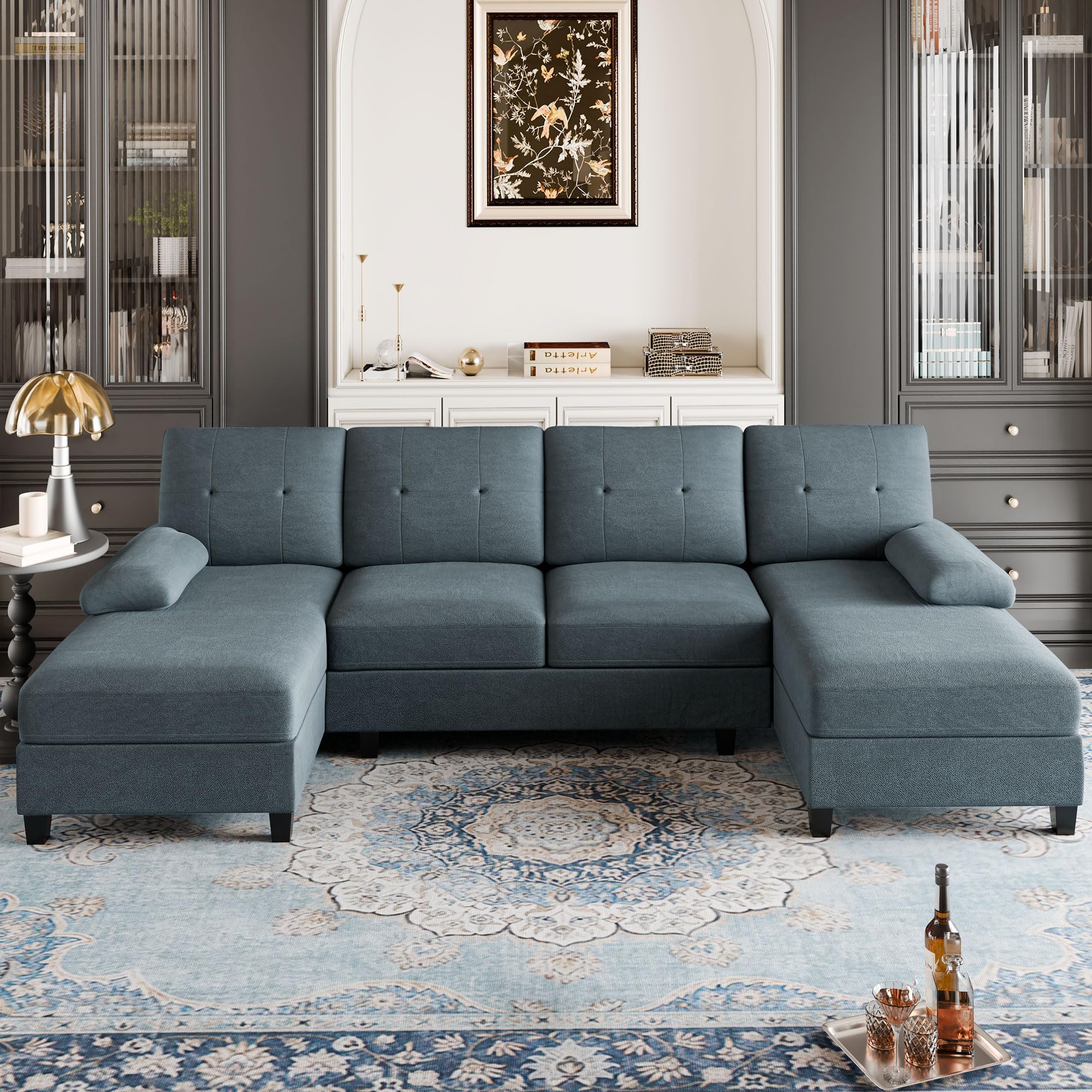 Shintenchi Sectional Couches for Living Room, U Sofa Shaped Couch with Double Chaise, 4-Seat Living Room Furniture Sets with Soft Cushion & Linen Fabric