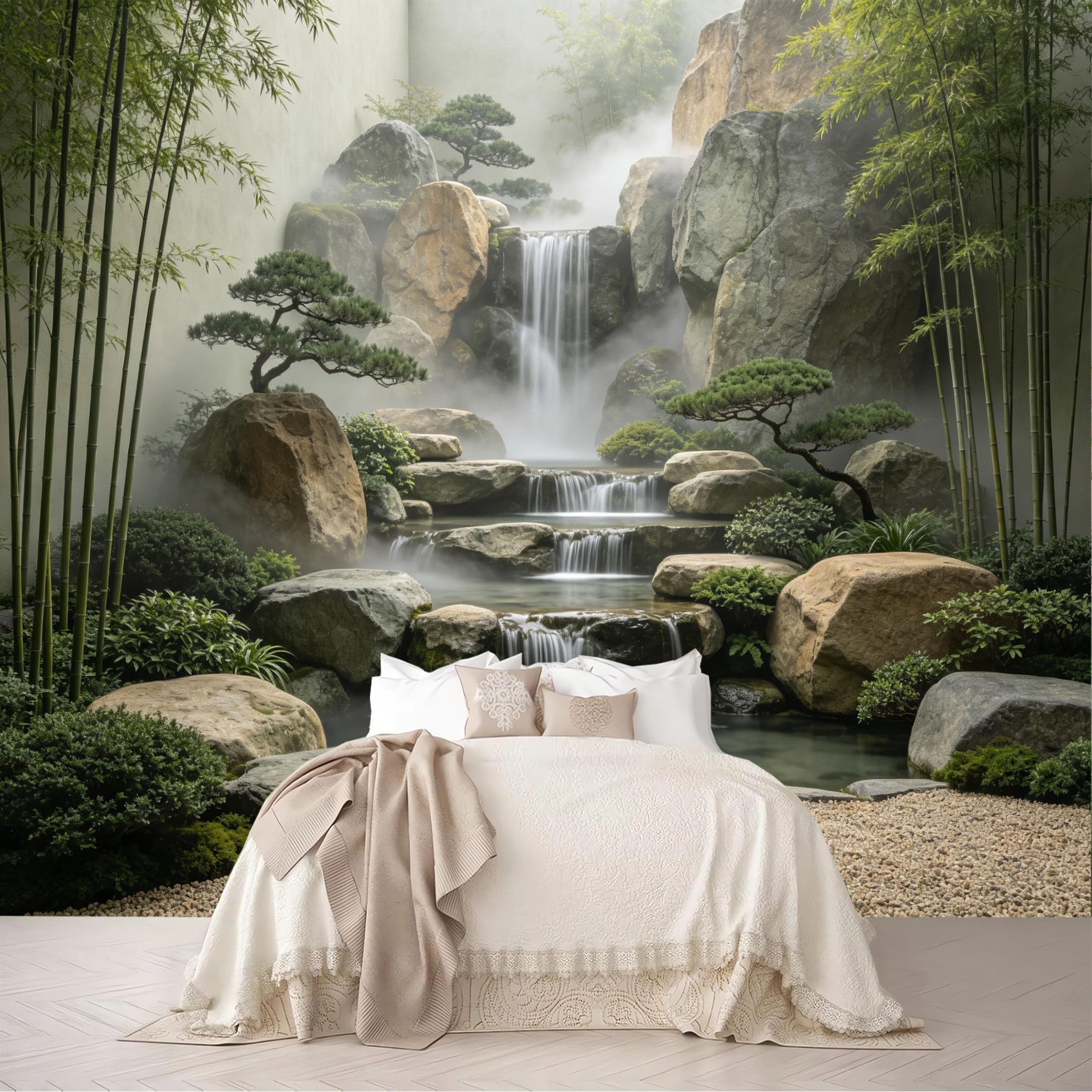 Dskjoviality Ab260706035 Custom Size Wall Mural Oriental Zen Garden Rock Multi Tier Waterfall Misty Removable Self Adhesive Peel And Stick Wallpaper For Bedroom Living Room