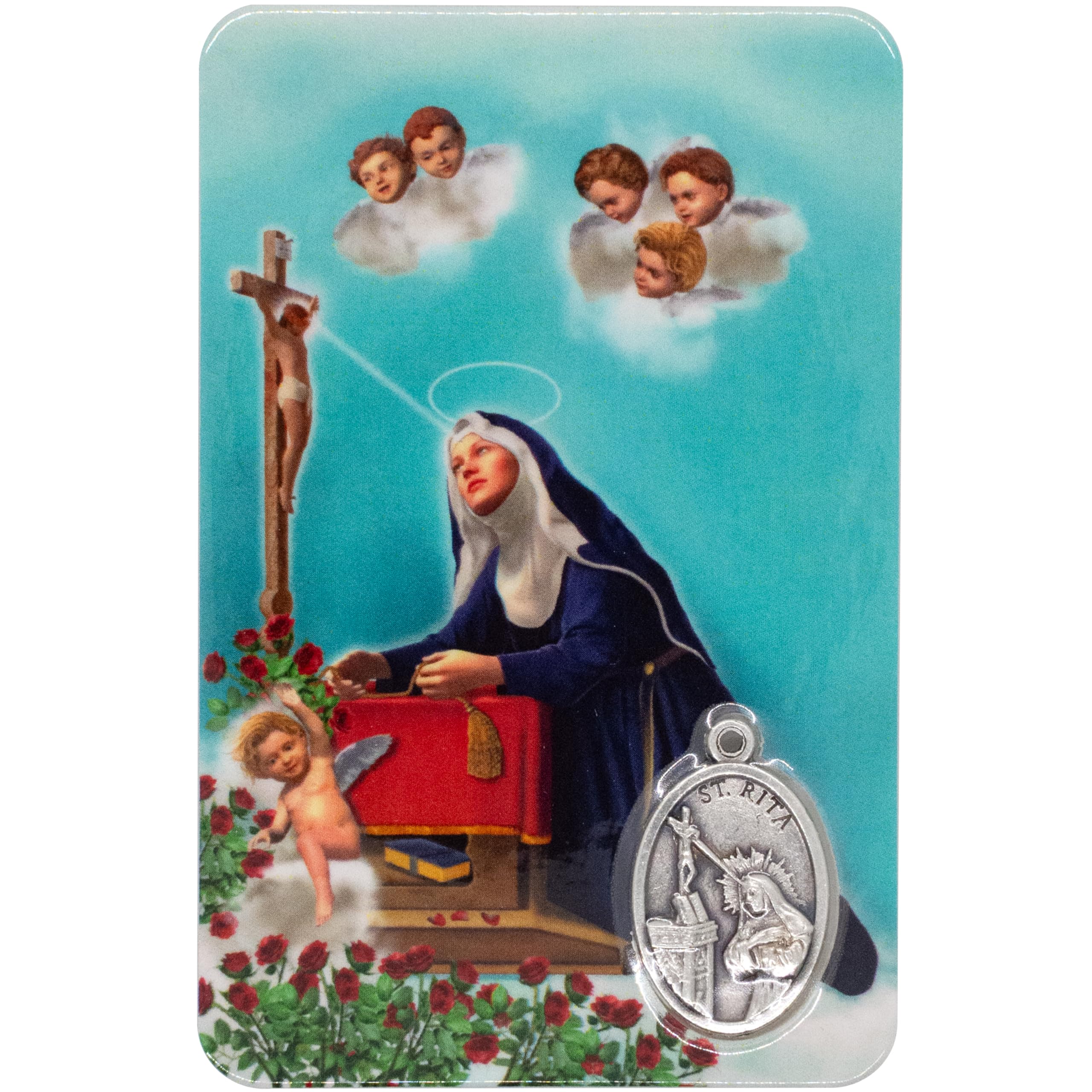 Village Gift Importers Multi Saint Rita Catholic Prayer Print With Built-In Silver-Tone Medal | Patron Saint Of Impossible Causes | Religious Art | Great Gift For First Communion Or Confirmation