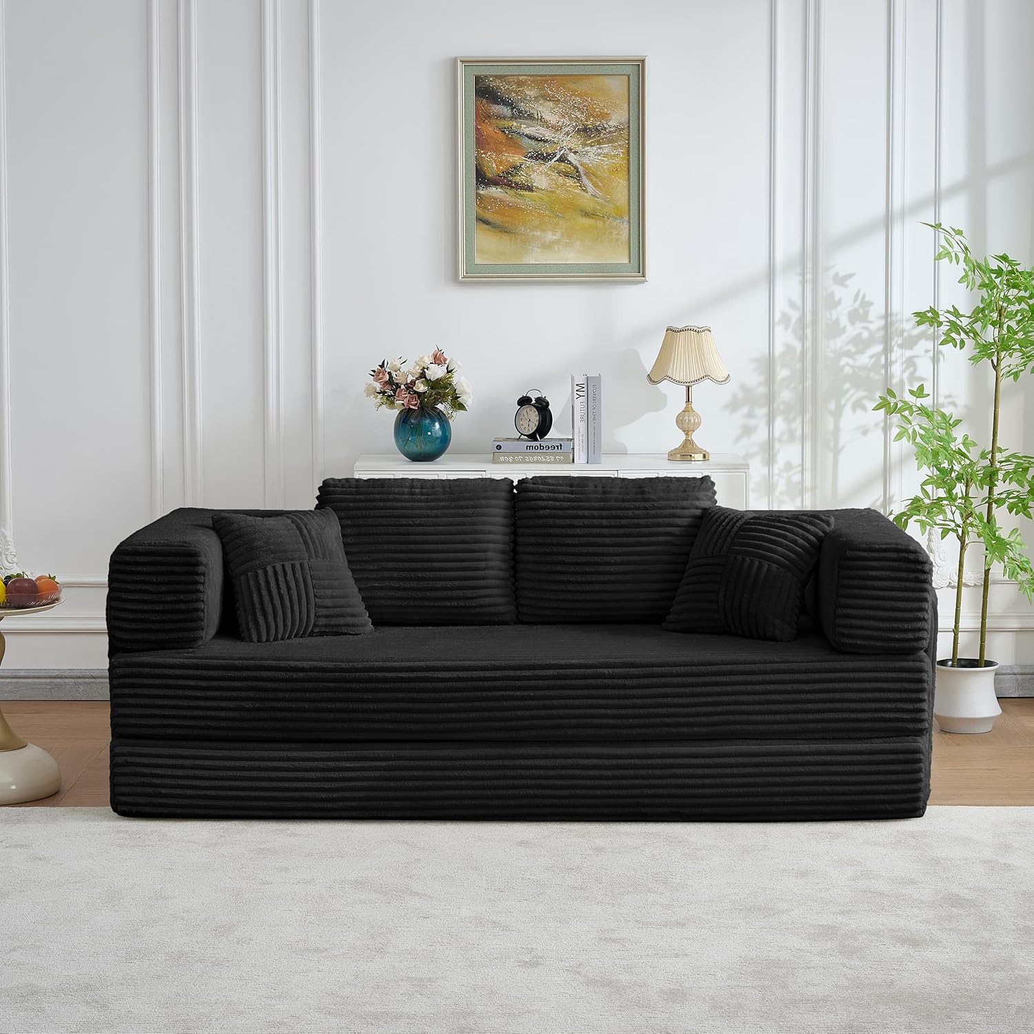 79.5" Folding Convertible Sofa Bed with Side Storage Pockets, 4-in-1 Corduroy Boneless Couch, No Assembly Loveseat Sleeper, Floor Sofa Daybed Futon Couch for Living Room Bedroom Lounge, Black Upgraded