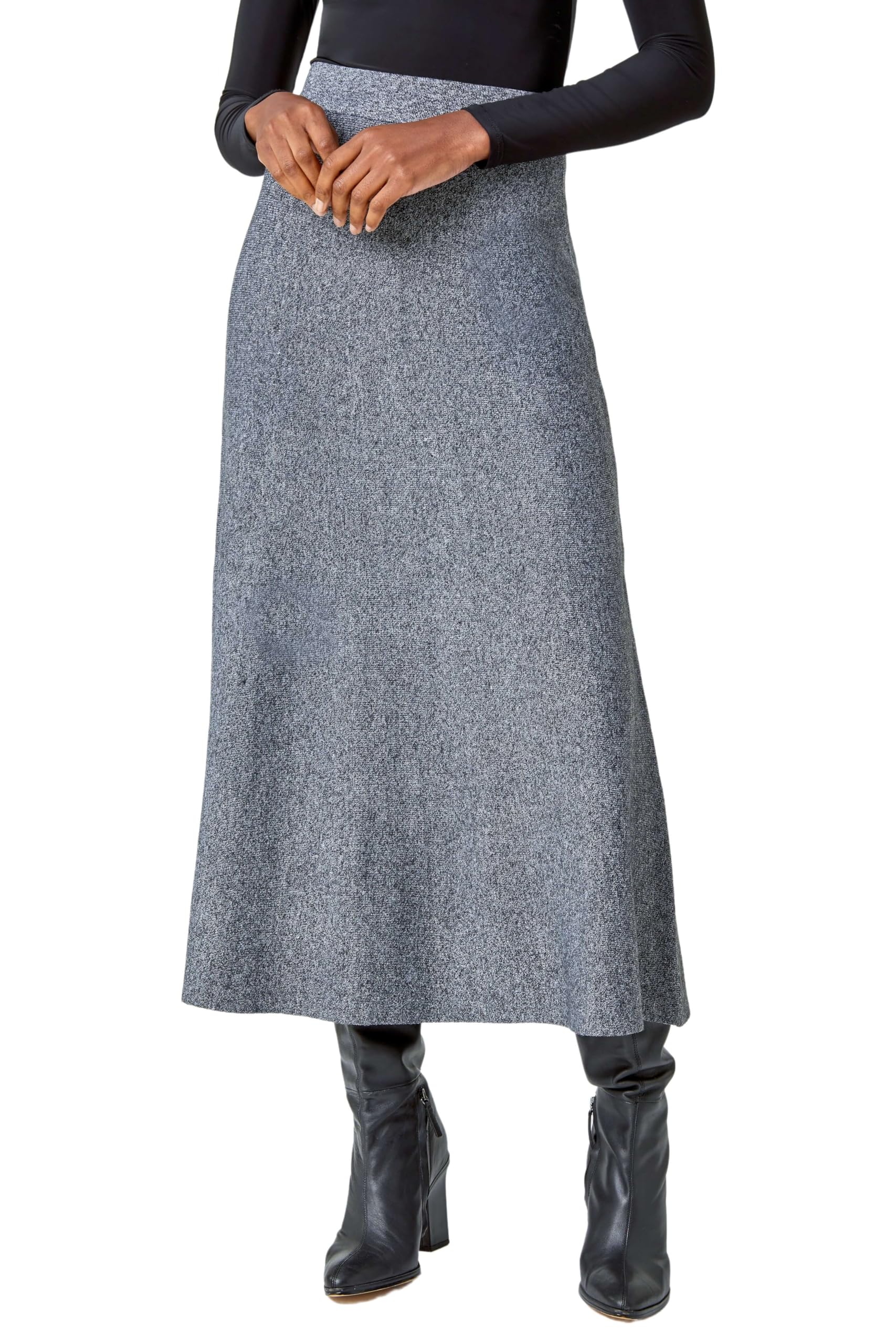 Roman Originals Women's Grey Knitted Skirt For Uk Midi Maxi Full Length Winter Autumn A-Line Swing Pull On Smart Casual Work Office Elasticated Waist Flattering Knit Knitwear - Size 20
