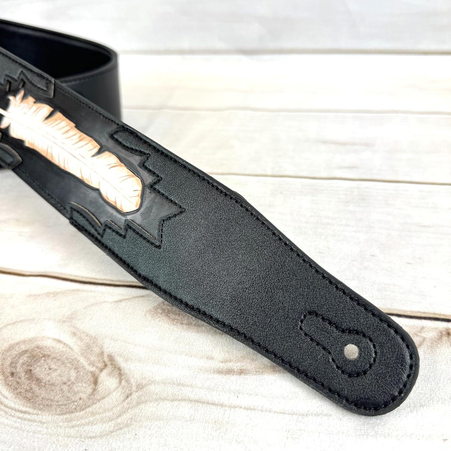 Walker & Williams CVG-115 Black Leather Padded Guitar Strap Hand Tooled Feather For Acoustic, Electric, And Bass Guitars