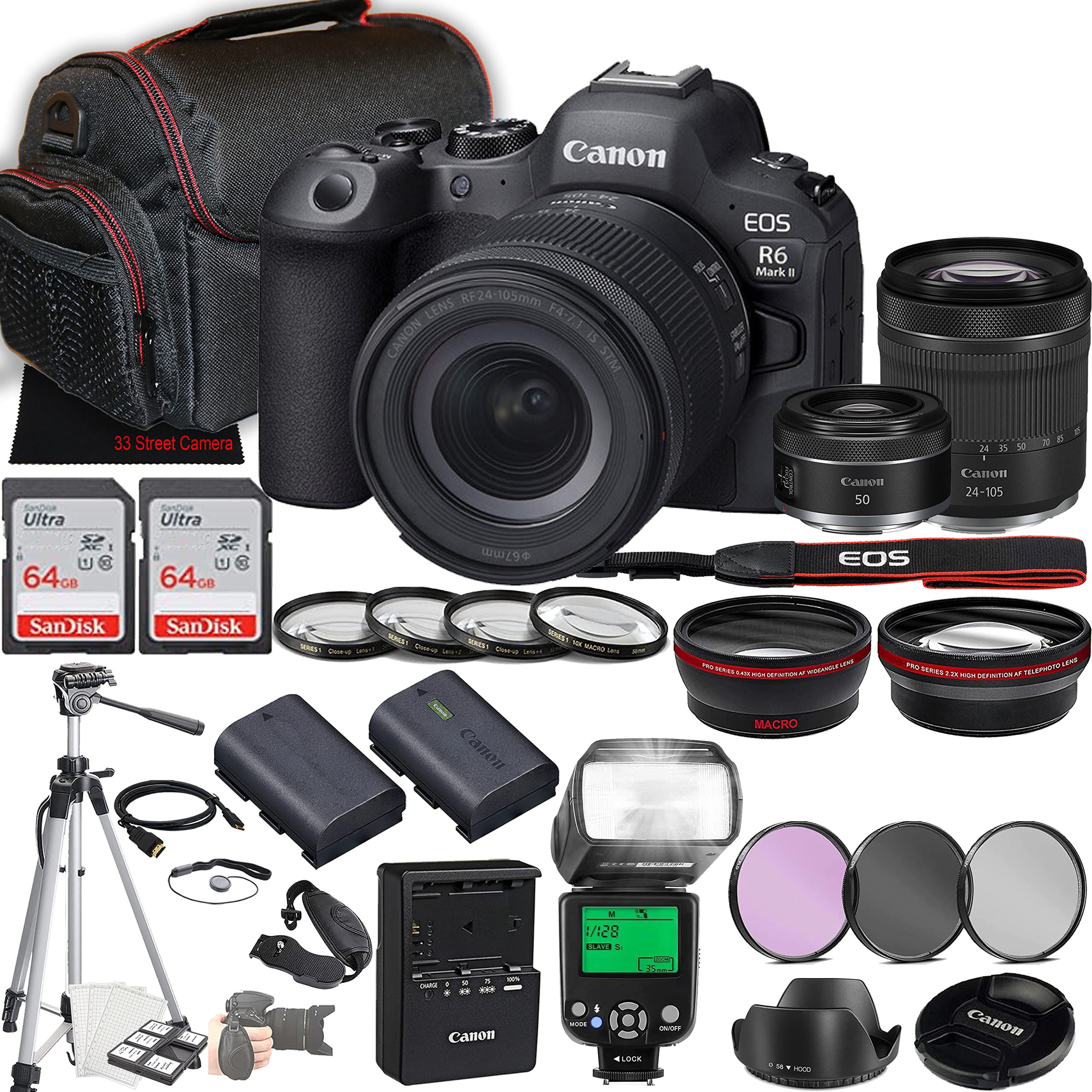 Canon EOS R6 Mark II Mirrorless Camera w/RF 24-105mm f/4-7.1 is STM Lens + RF 50mm f/1.8 STM Lens + 2X 64GB Memory + Case + Filters + TTL Flash + More (35pc Bundle)