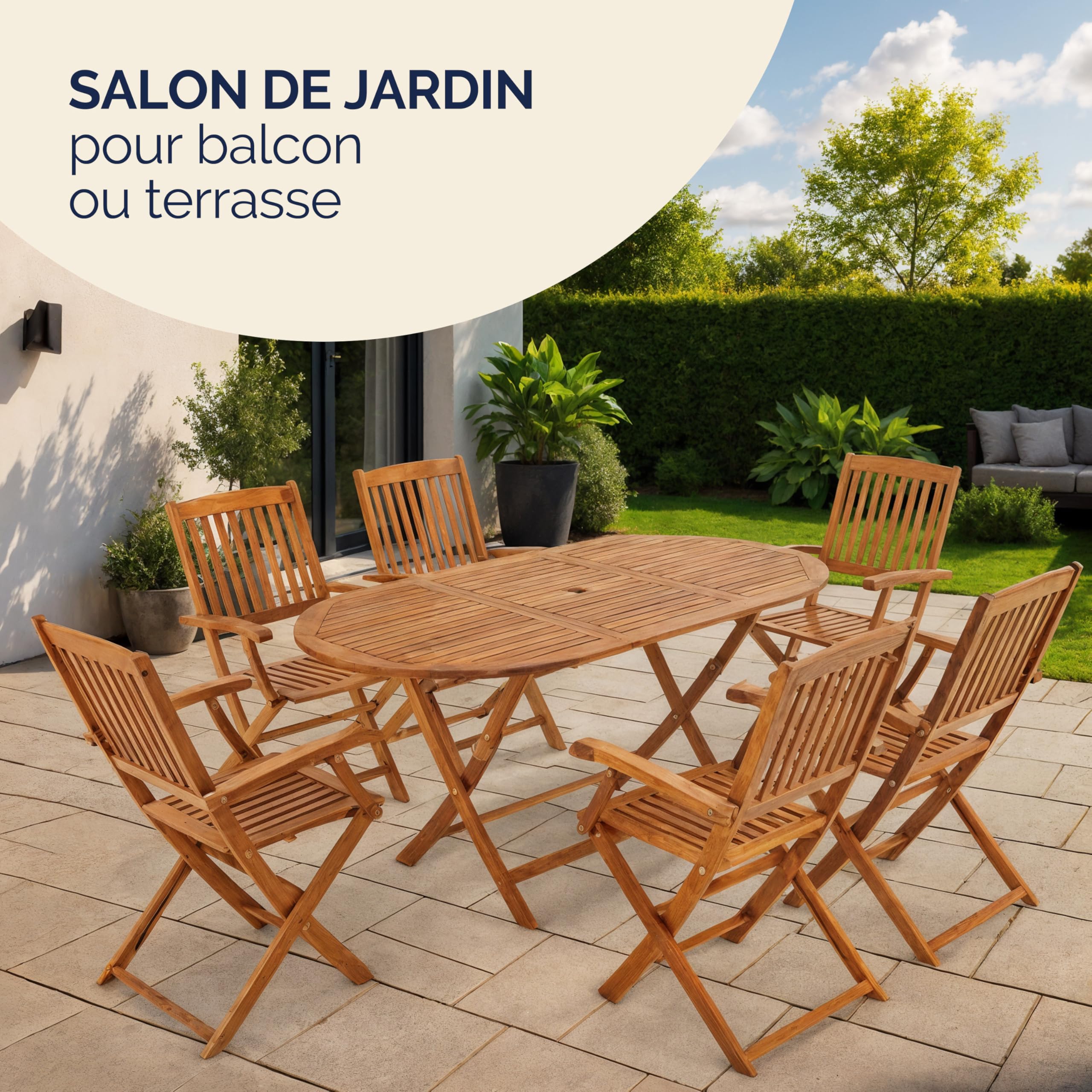 Casaria® Table De Jardin Exterieur avec Chaise 6 Personnes - Table Ovale Extensible en Bois D'Acacia, Résistant Aux Intempéries avec Trou pour Parasol Intérieur/Extérieur