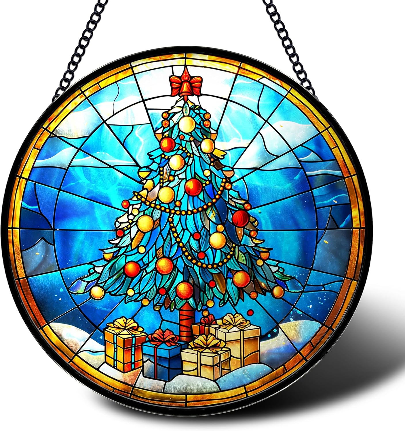 Stained Glass Window Hanging, Christmas Tree with Golden Gifts Design Round Sun Catchers Glass Panel Suncatcher Decor for Home, 7.8Inch. (037)
