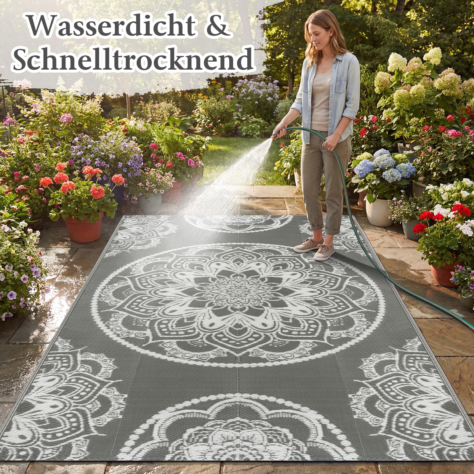 Outdoor Teppich Wetterfest 150×245 cm, Wendbarer Balkon Teppich Boho Wasserfest Aussen Grau, Kunststoff Stroh Camping Teppich für Draußen Terassen Garten Picknick Wohnmobil