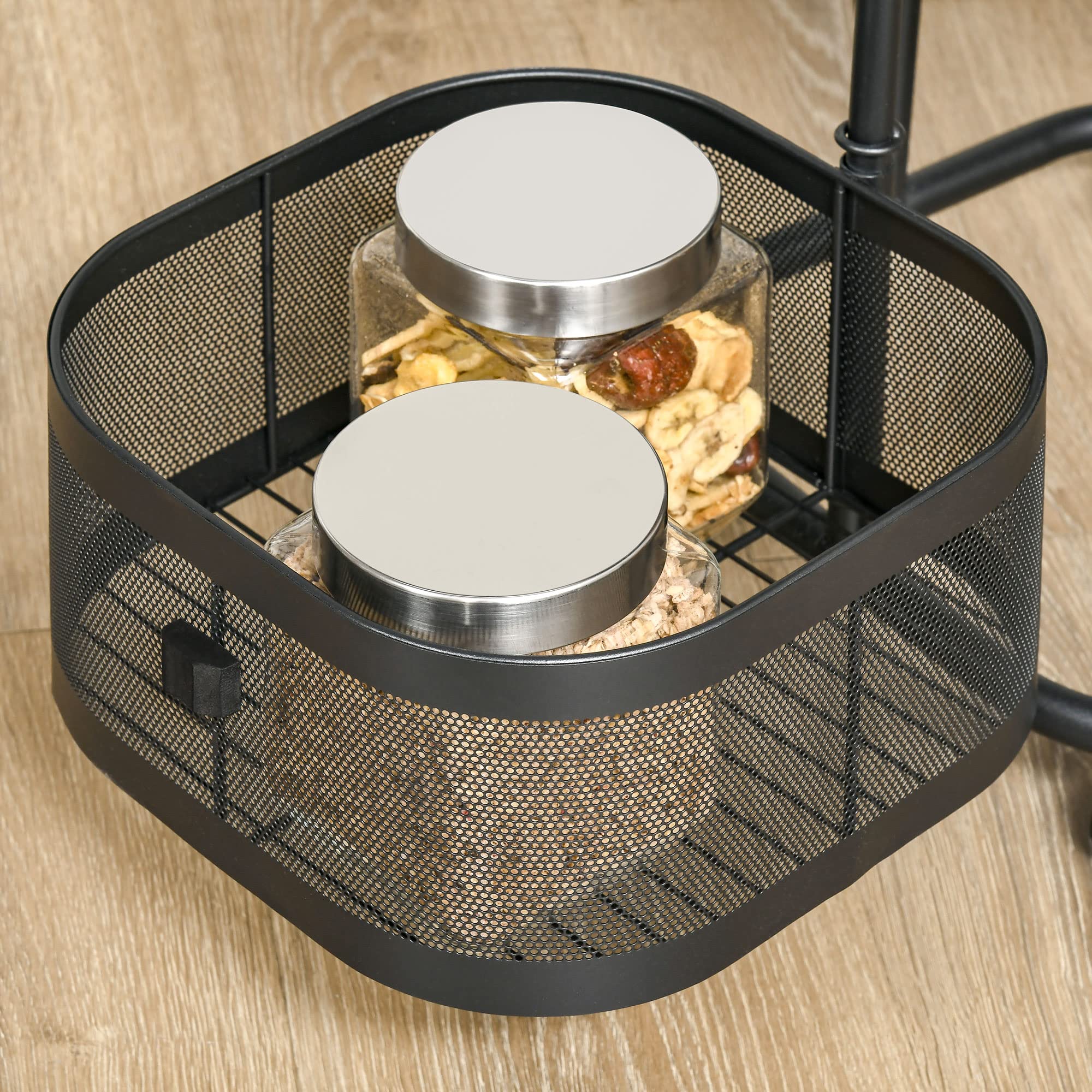 HOMCOM Carrito Auxiliar con Ruedas de 5 Niveles, Carrito de Cocina con 4 Cestas de Almacenamiento Giratorias 270° y Bandeja Superior, para Frutas, Verduras, Utensilios, 33x33x77 cm, Negro