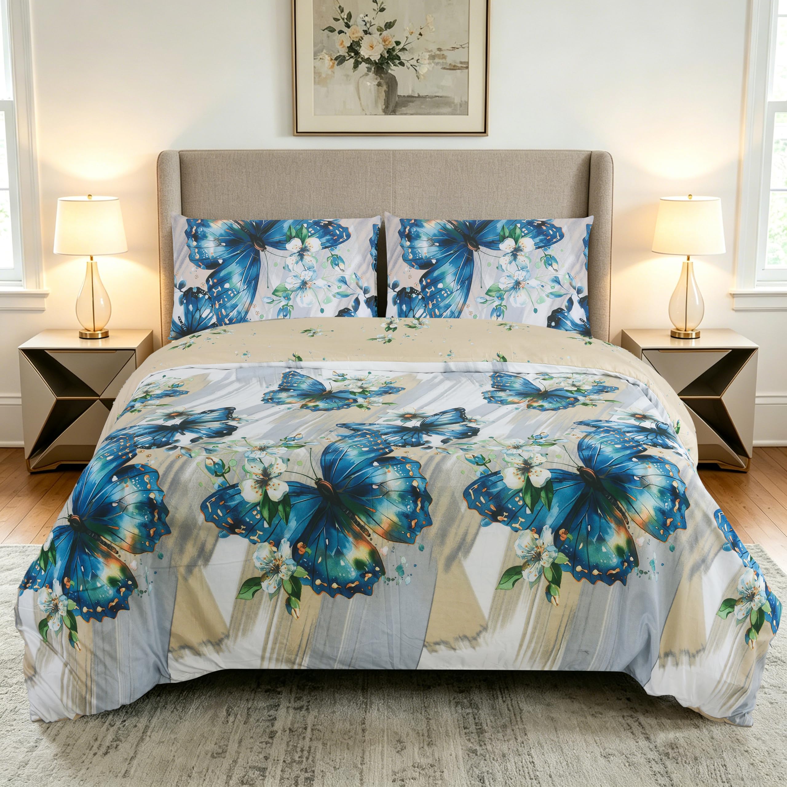 CHARKHAH 4 Piece Reversible Printed Bedding Set Includes 1 Duvet Cover, 1 Deep Fitted Sheet & 2 Pillowcases โ Soft Microfibre Easy Care Quilt Cover Set for All Seasons (BUTTERFLY-LUXE, Double)