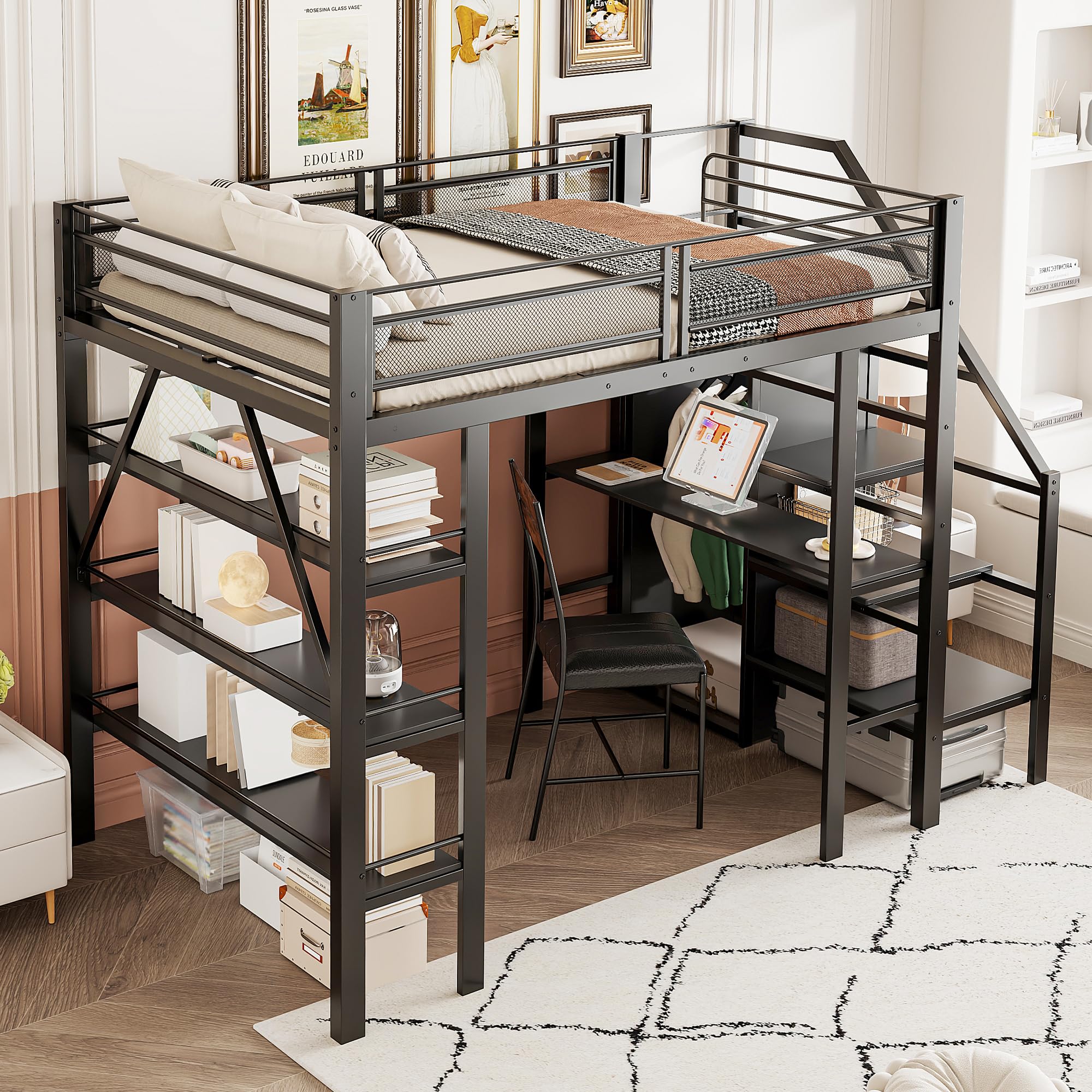 Dolamaní Letto a soppalco in metallo, 140 x 200 cm, per adulti e ragazzi, con mensola, scrivania, vestiti, scale, con vano portaoggetti, design a rete alta, per letto matrimoniale, colore: nero