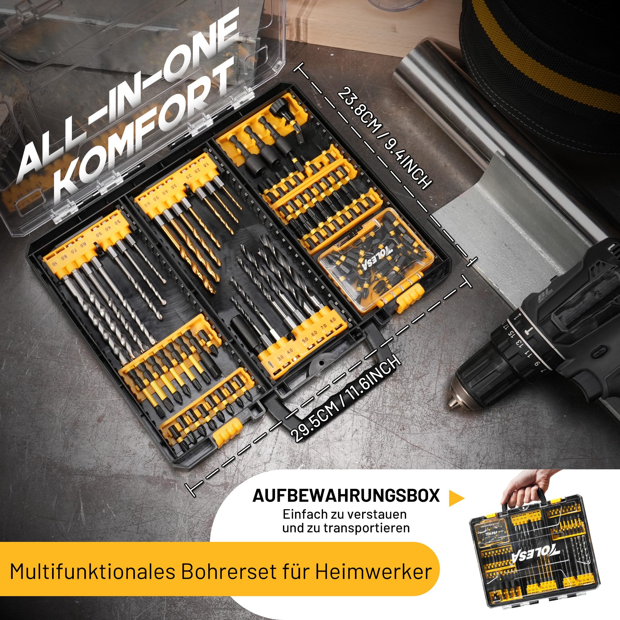 TOLESA Bohrer Set 105tlg für Holz, Metall und Mauerwerk, mit Koffer | Titanbeschichtete HSS-Bohrer, hartmetallbestückte Mauerbohrer, Holz-Spitzbohrer, S2 Bits, magnetischer Bithalter, Koffer