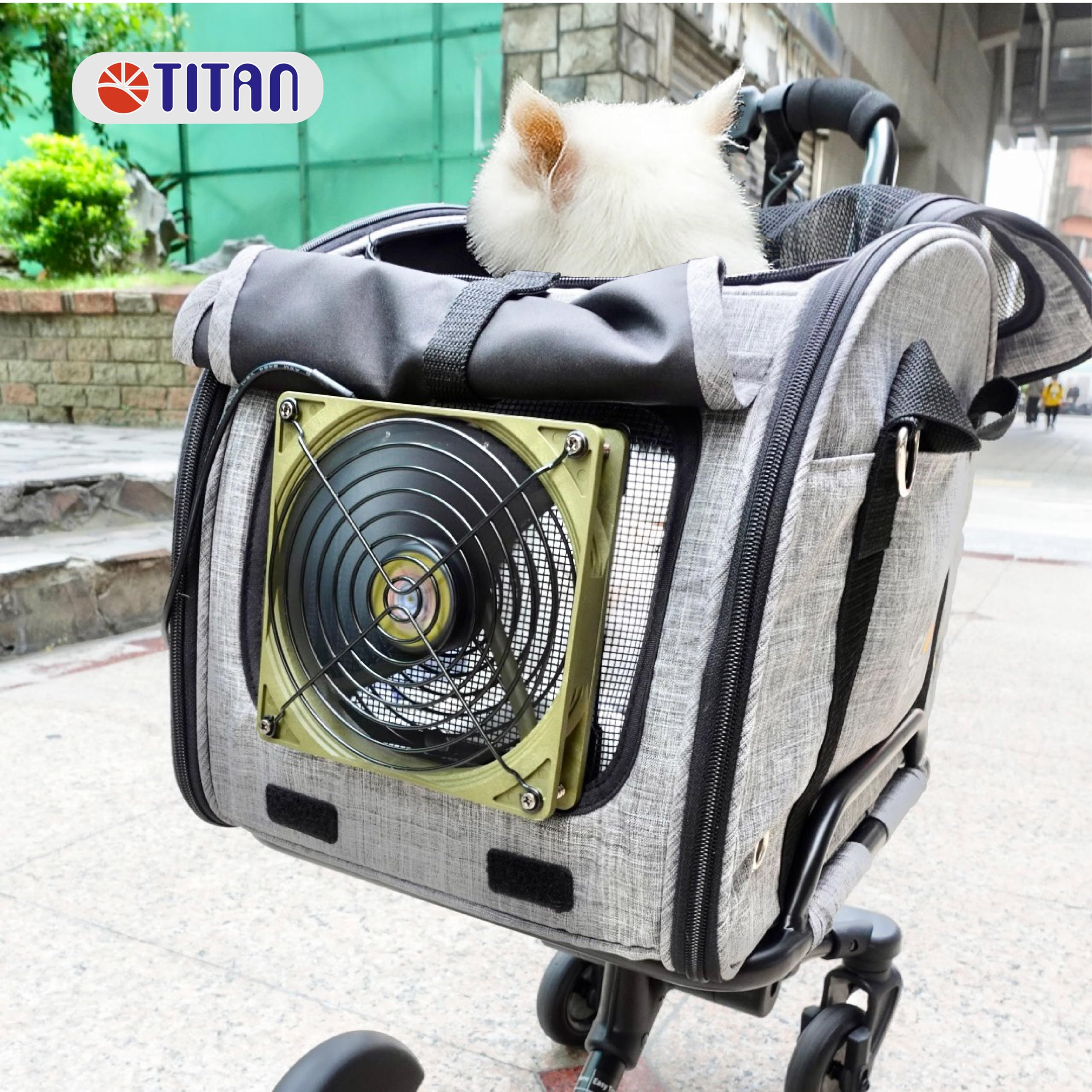 Ventilateur portable de camping TITAN, conçu pour camping-cars, tentes et animaux de compagnie. Alimenté par USB, avec cadre magnétique double 140 mm et contrôleur TTC-NF88(RB).