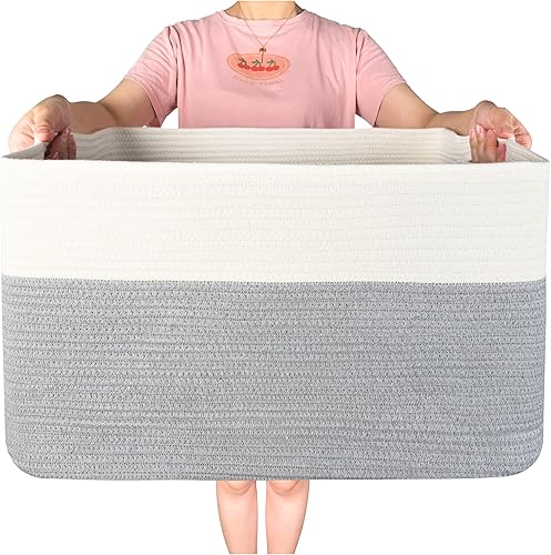 Miniatura 10 de MINTWOOD Design Canasta de Manta Extra Grande de 22 Pulgadas para Sala de Estar, Canasta de Almacenamiento de Cuerda Tejida Rectangular con Asas