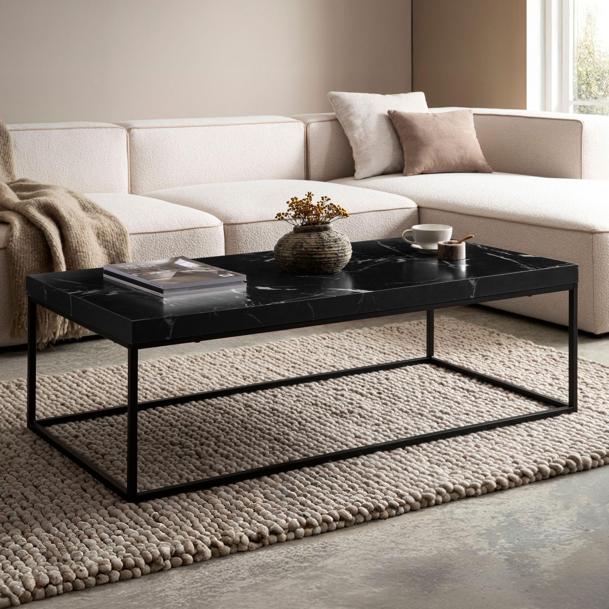 FineBuy Couchtisch 120x60x38 cm Schwarz Metallbeine, Sofatisch Rechteckig | großer Wohnzimmertisch mit Platz für Fernbedienung und Zeitschriften, Loungetisch, pflegeleichte Tischplatte