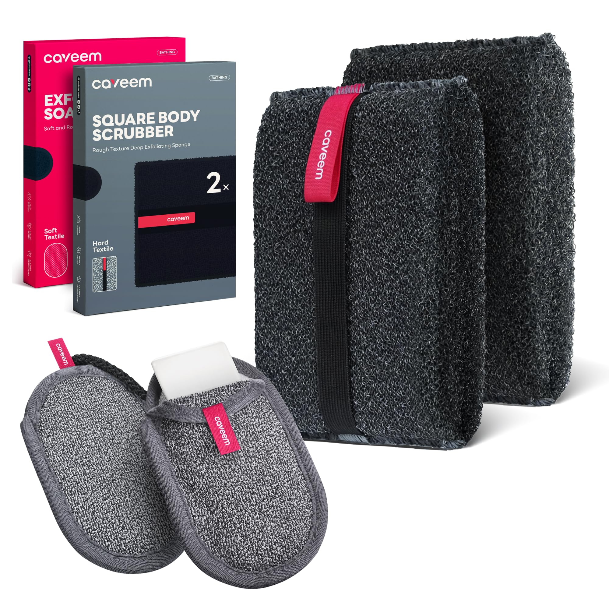 Caveem's Exfoliating Body Scrubber (2 Pack) & Dual-Sided Softness Soap Bag (2 Pack) – Deep and Gentle Cleansing for Smooth Skin