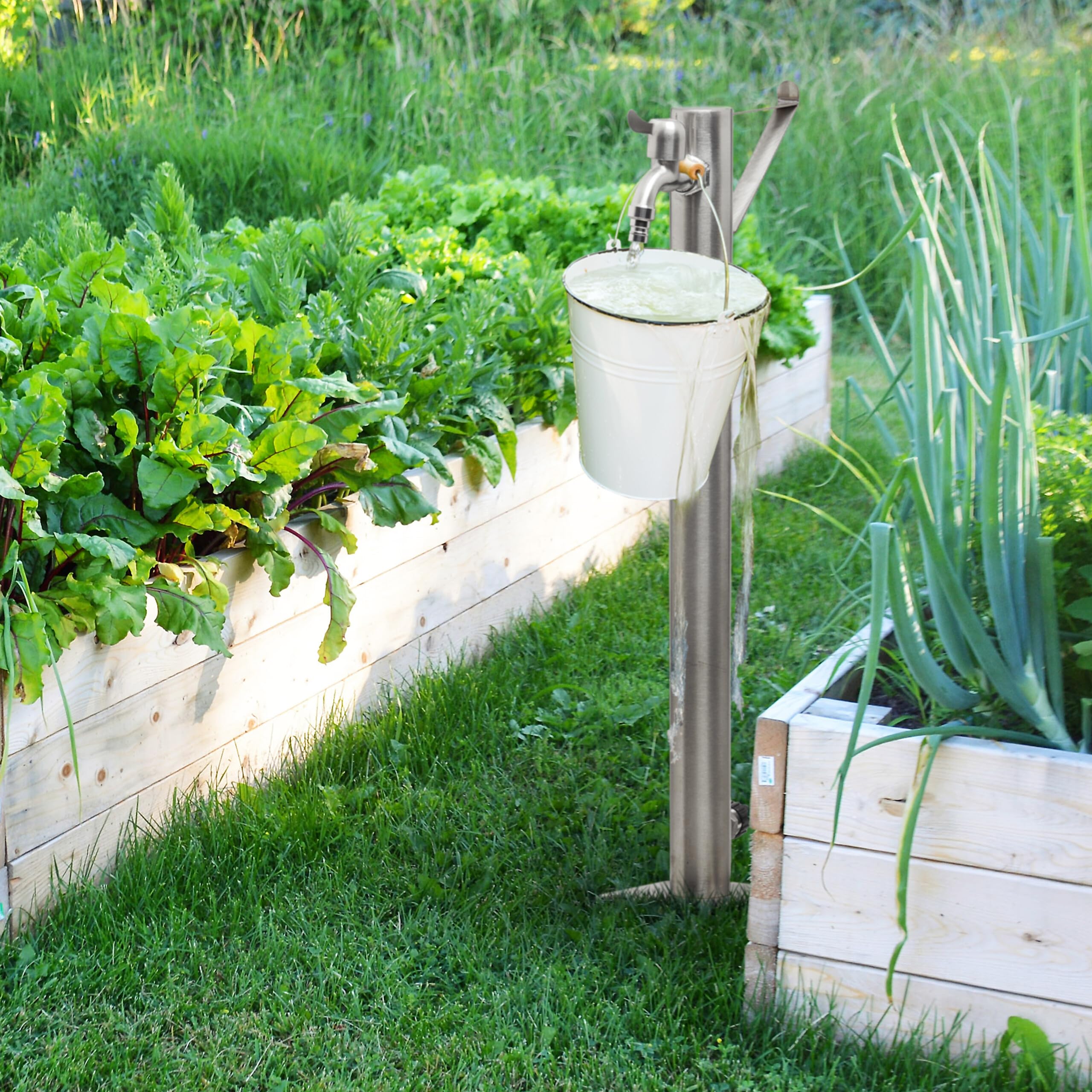 Relaxdays Fontana Portatubo, per Tubi 45 m, HxLxP: 66x29x15 cm, Colonnina da Giardino, Avvolgitubo, Puntale, Argentato