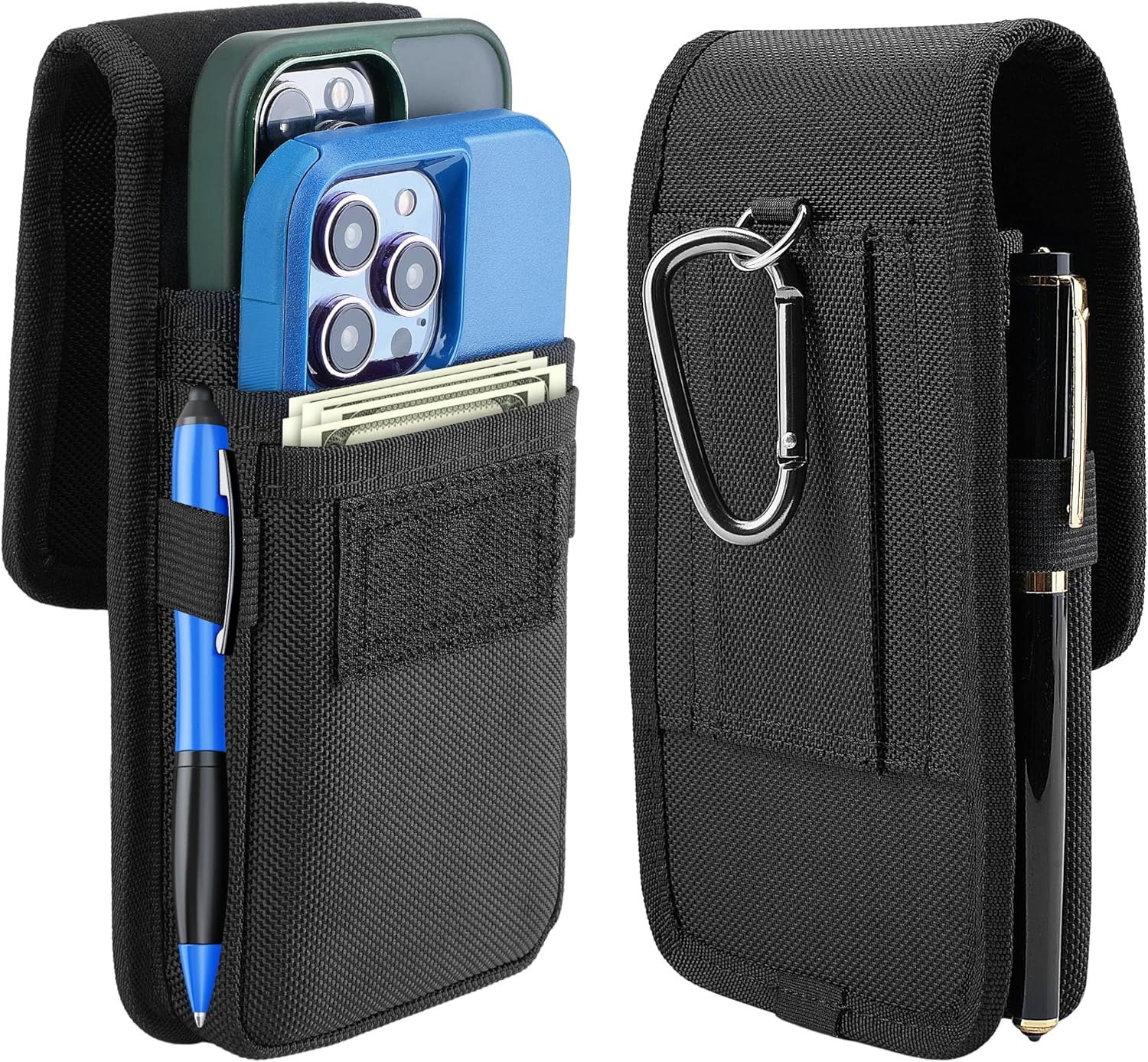 BECPLT Dual Phone Holster for iPhone 16 Pro Max 15 Pro Max 14 Pro 13 Pro Nylon Cell Phone Pouch Holster Case with Belt Clip Cover for Galaxy S24+ S23+ S22+ 5G S24 FE Black