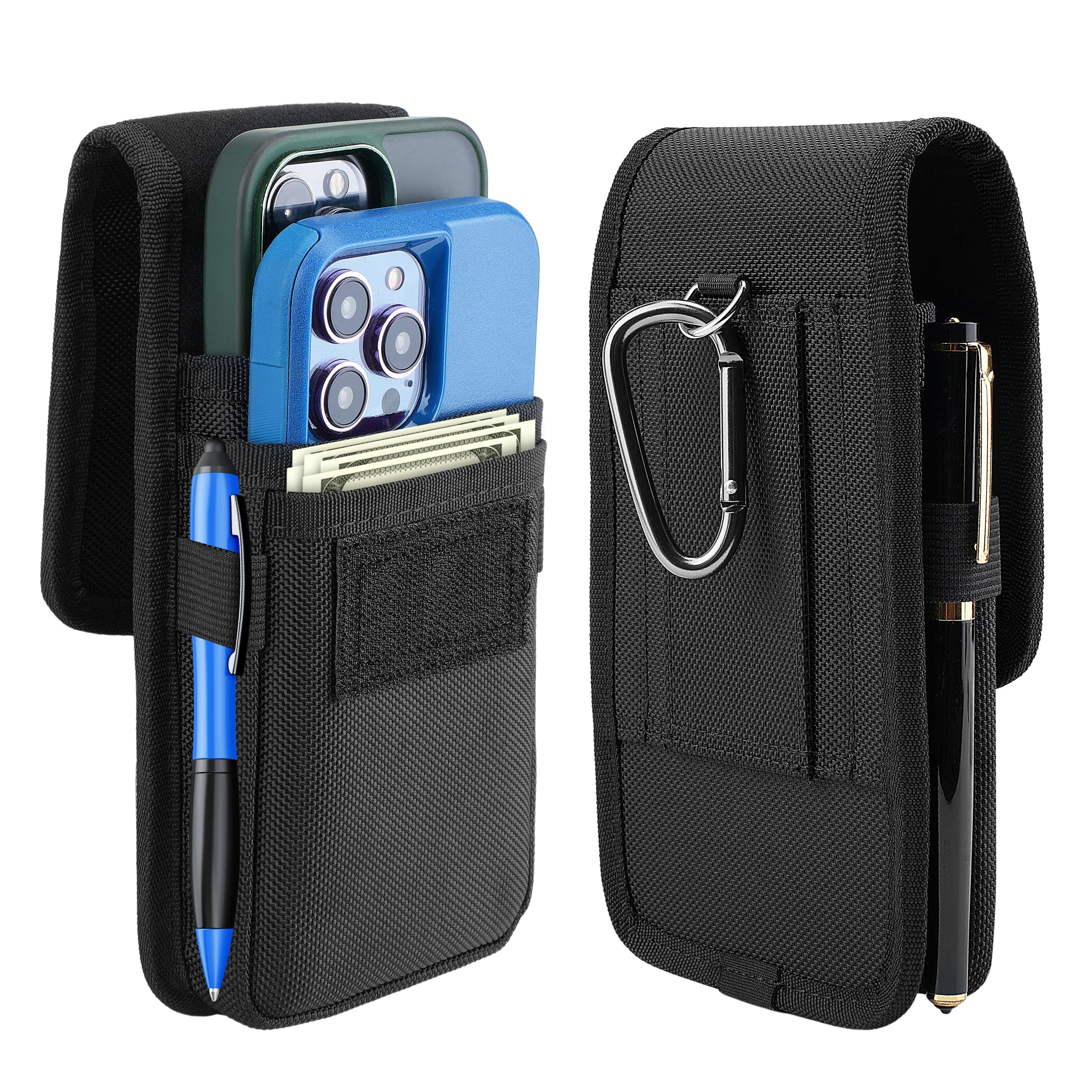 BECPLT Dual Phone Holster for iPhone 16 Pro Max 15 Pro Max 14 Pro 13 Pro Nylon Cell Phone Pouch Holster Case with Belt Clip Cover for Galaxy S24+ S23+