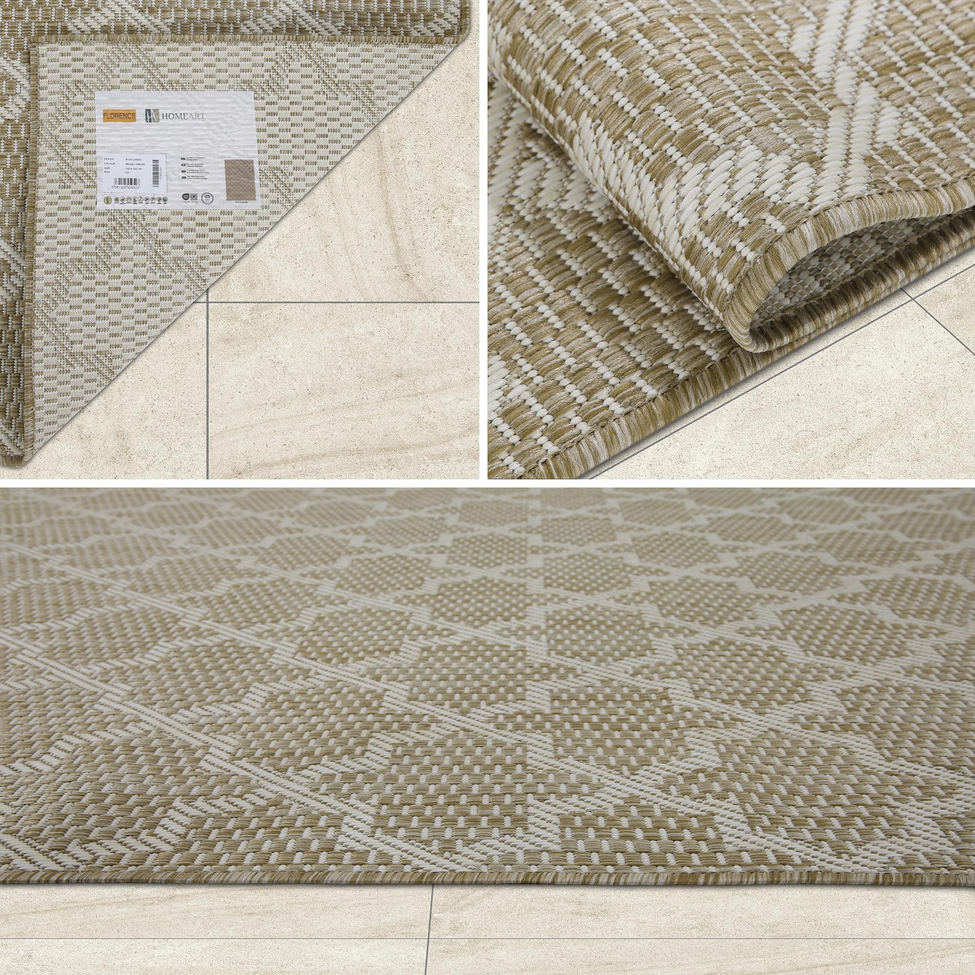 homeart Outdoor Rugs | Easy-Cleaning Indoor & Outdoor Area Rugs for Porch, Deck, Balcony, Garden, Picnic, Kitchen, Hallway | UV & Weather-Resistant Large Patio Rug Mats | Beige Cream, 80 x 150 cm - Image 6