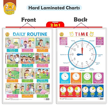 2 in 1 Daily Routine and TIME Early Learning Educational Chart for Kids | 20"X30" inch |Non-Tearable and Waterproof | Double Sided Laminated
