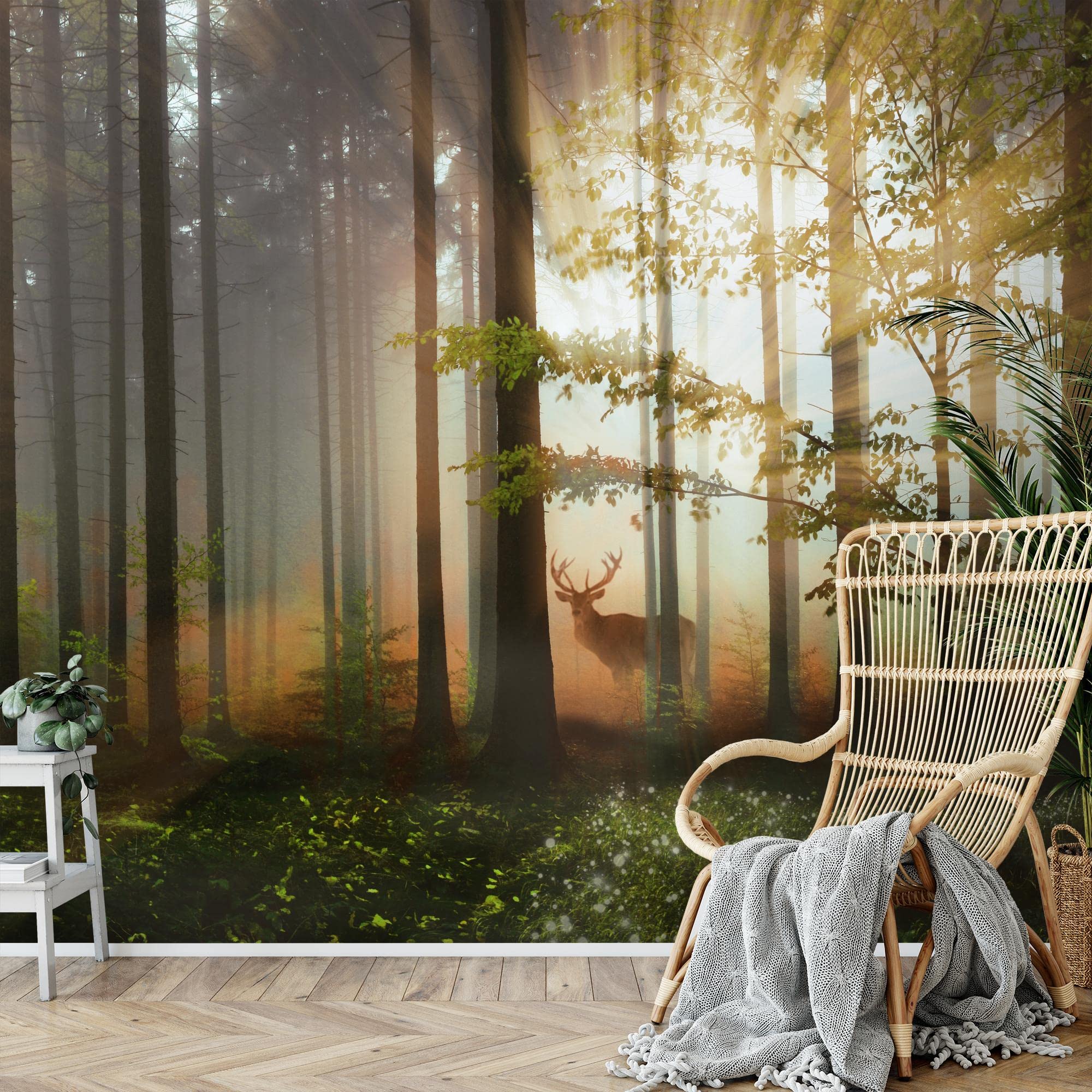 Runa Art Photo Wallpaper Wald Hirsch 352 x 250 cm Non-Woven Wall Art XXL Moderne Living Room Bedroom Green Yellow 9387011b - Image 2